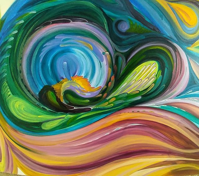 Abstract subconscious musings...in progress.

Something I started entirely for my self, this big beauty (30x40&quot;!) resulted from a surge of energy and creativity that came pouring through one day last spring. 
Fertility, joy, play and femininity 