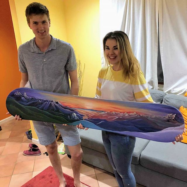 The happy couple, Alex and Anna, with their wedding gift! 
Commissioned by the lovely Tom Richards, it reflects all of their favourite colours and places in the Sea-to-Sky, from Sky Pilot to Garibaldi/Mt Atwell.
.
.
.
#artislove #seatosky #whistler #