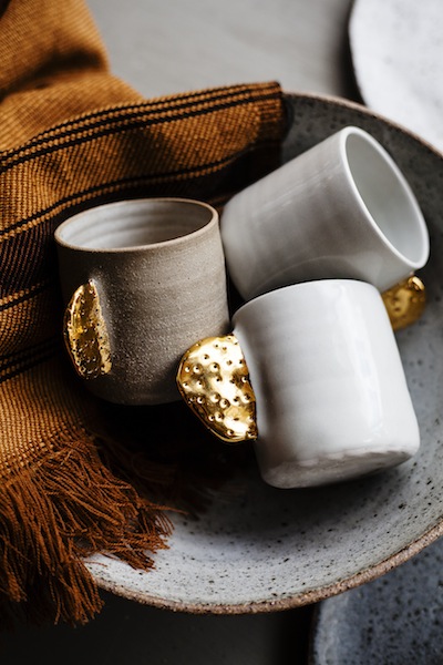 Ceramic cups with gold detail by Bridget Bodenham