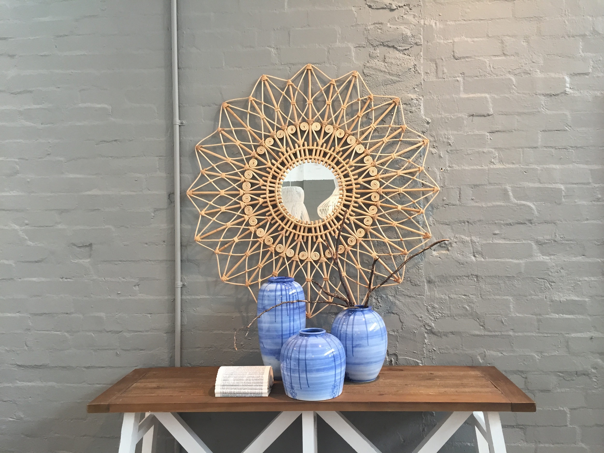 The prettiest Peacock mirror and Blue swipe hand painted vases .