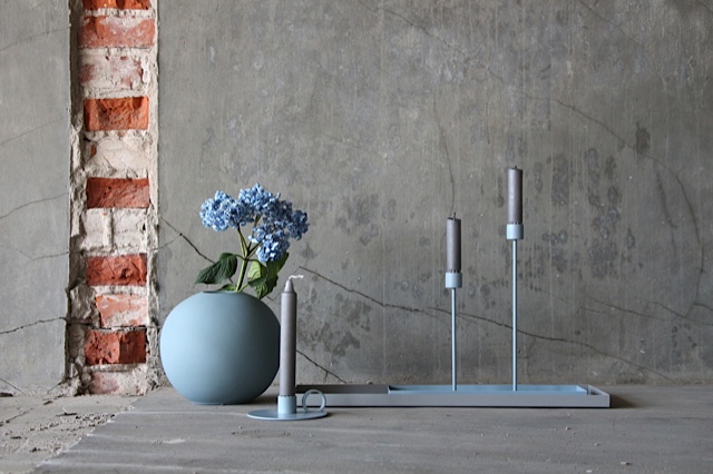 Ball vase, candlesticks and candle loop in dreamy dusty blue.