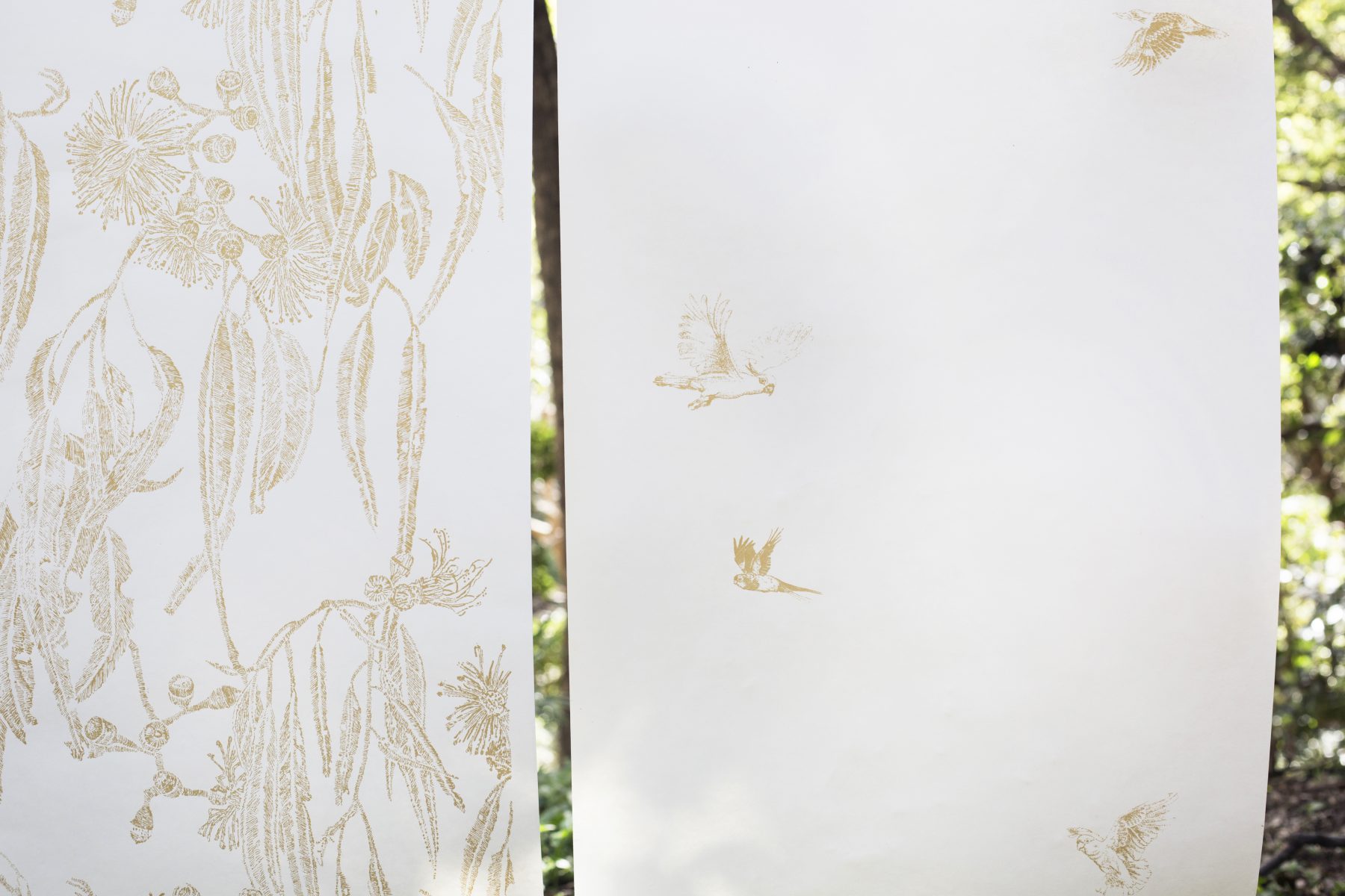 Shady tree and Teeny Tiny native birds gold star on raw white.