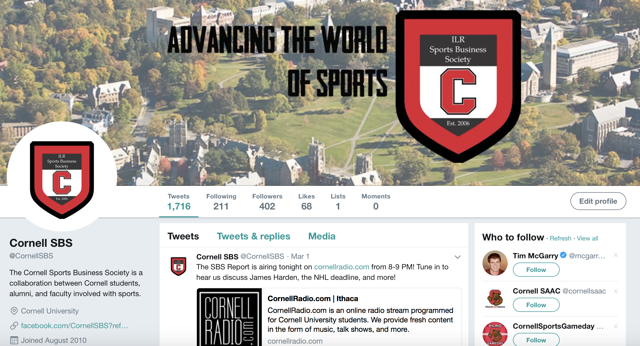 Cornell Sports Business Society Twitter