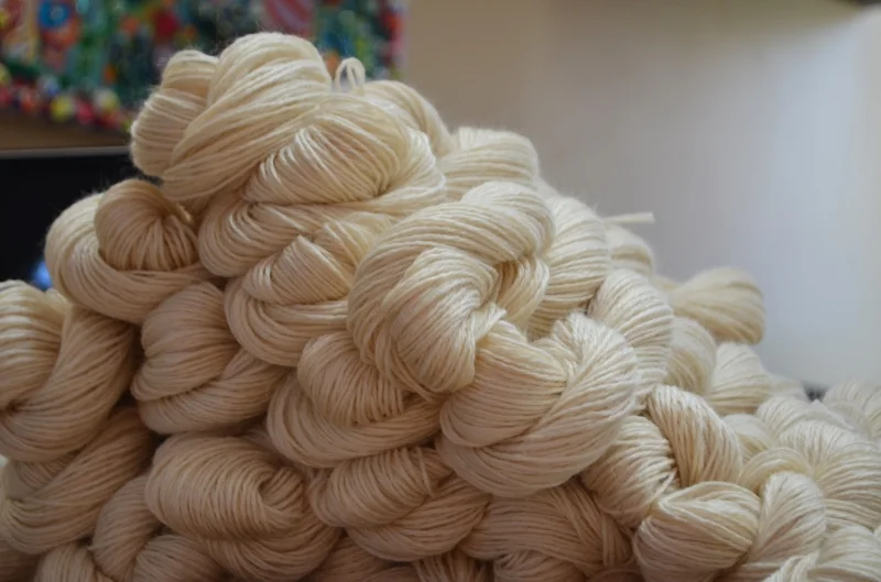 Wound off of cones, the undyed Yorkshire Medley waits to either be tagged as Elderflower, or popped into the dye pot.