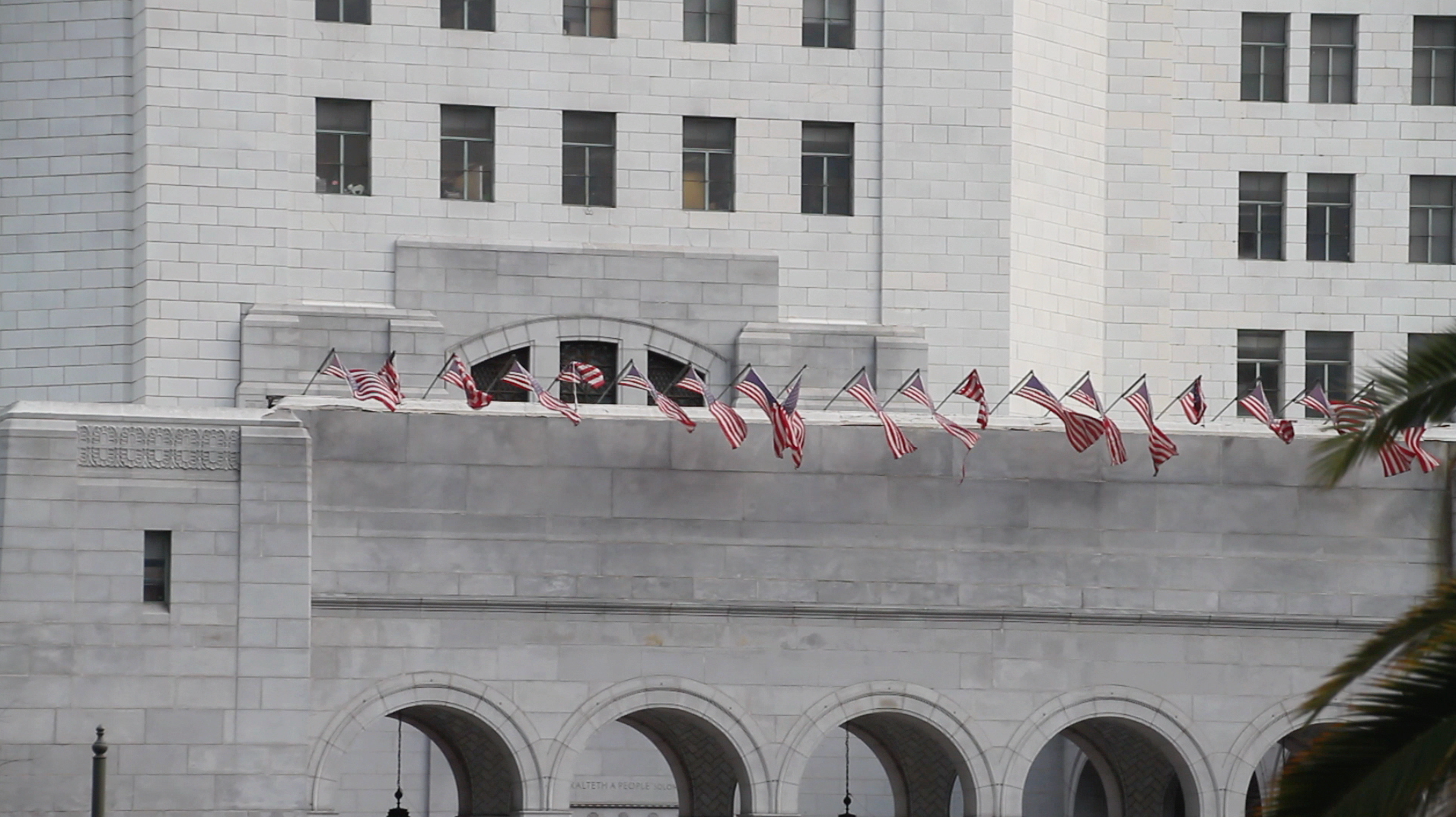 American Flags at Los Angeles City Hall Establishing