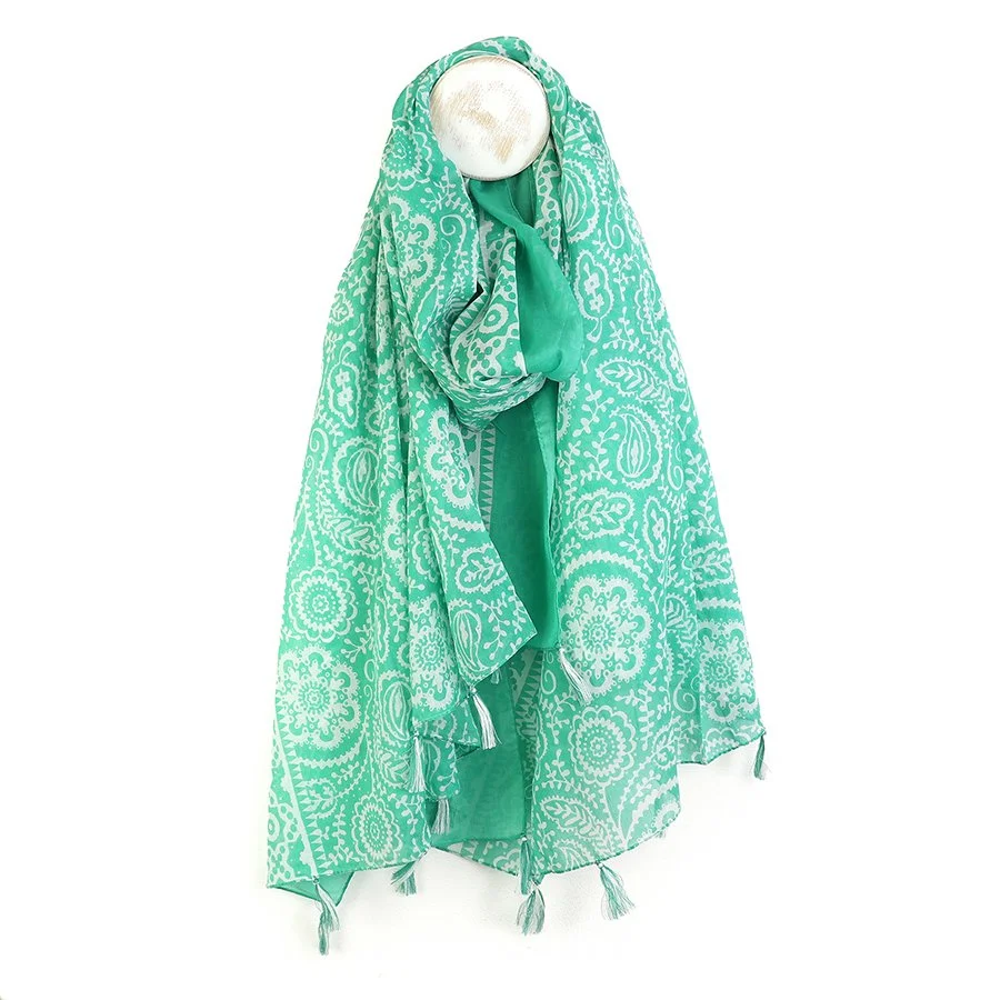 Mint Green Cotton Paisley Floral Print Scarf