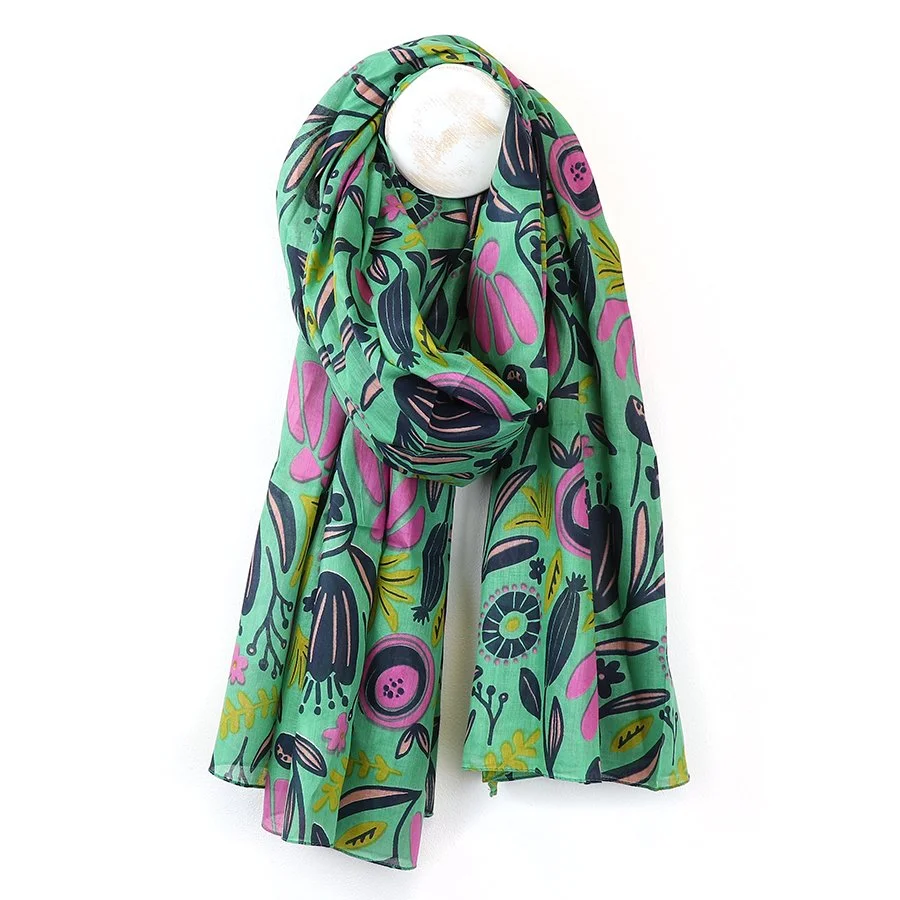 Organic cotton green mix abstract meadow print scarf