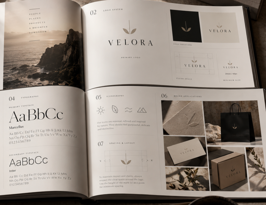 Open branding guide showing the logo system for Velora, including logo variations, typography, iconography, and brand application examples with packaging and shopping bag images.