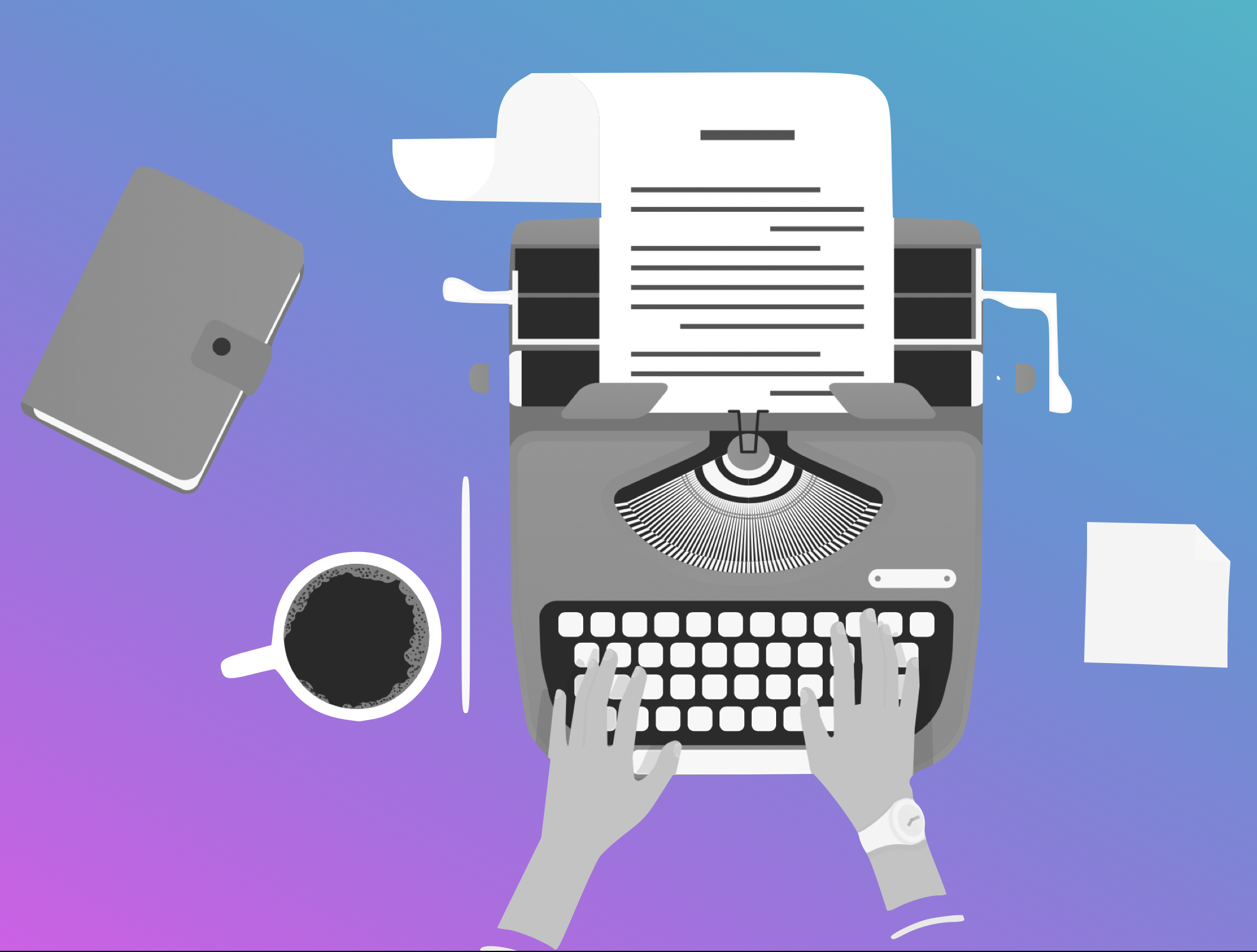 Digital illustration of a person typing on a computer keyboard with a large sheet of paper notes above the keyboard, a coffee mug, a smartphone, and a watch on the person's wrist, all on a gradient purple-blue background.