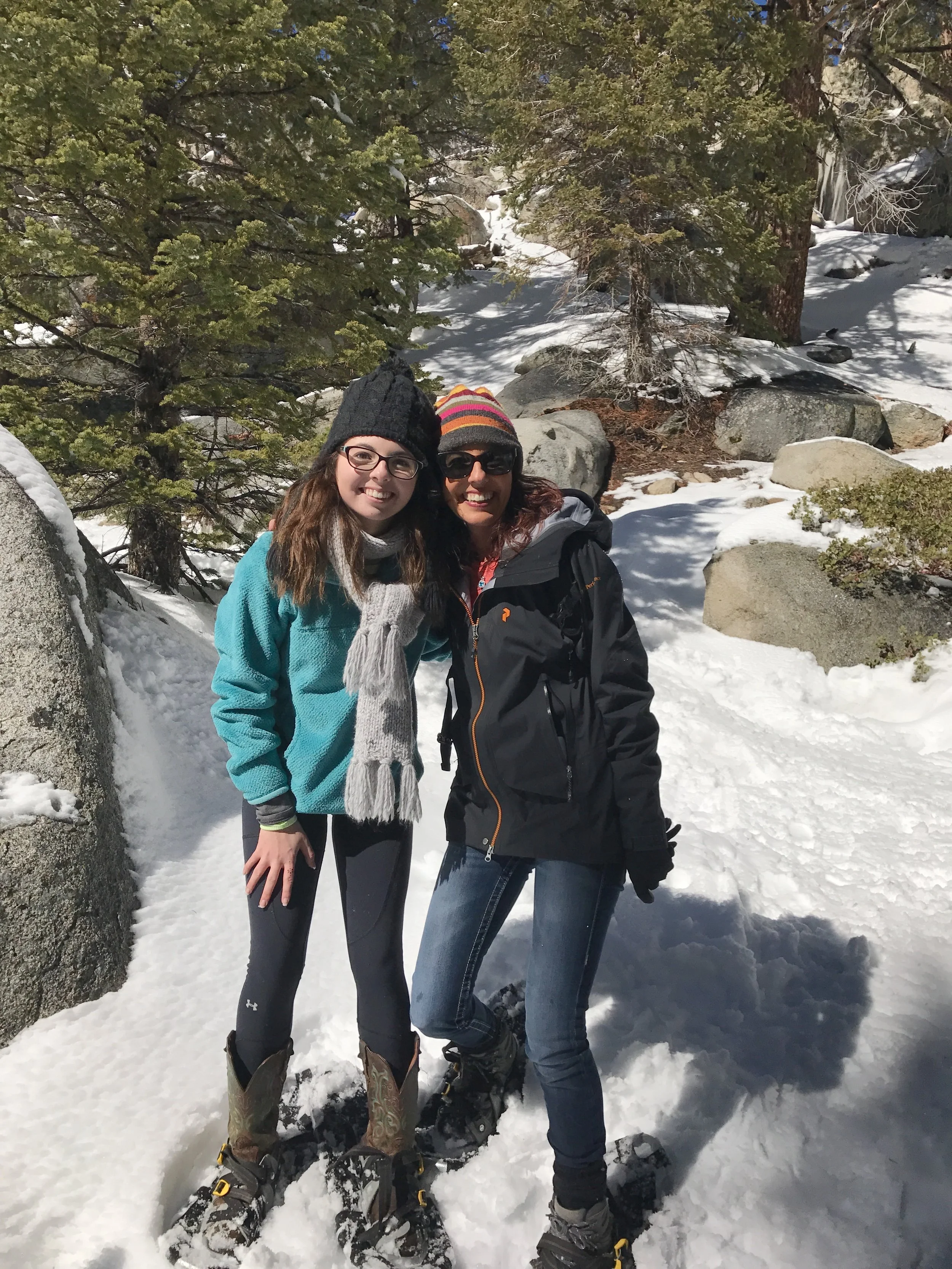 The sun was so bright and beautiful we even peeled layers of clothing, but check out the snow shoes!!!!! And... Morgan's cowgirl boots 😂