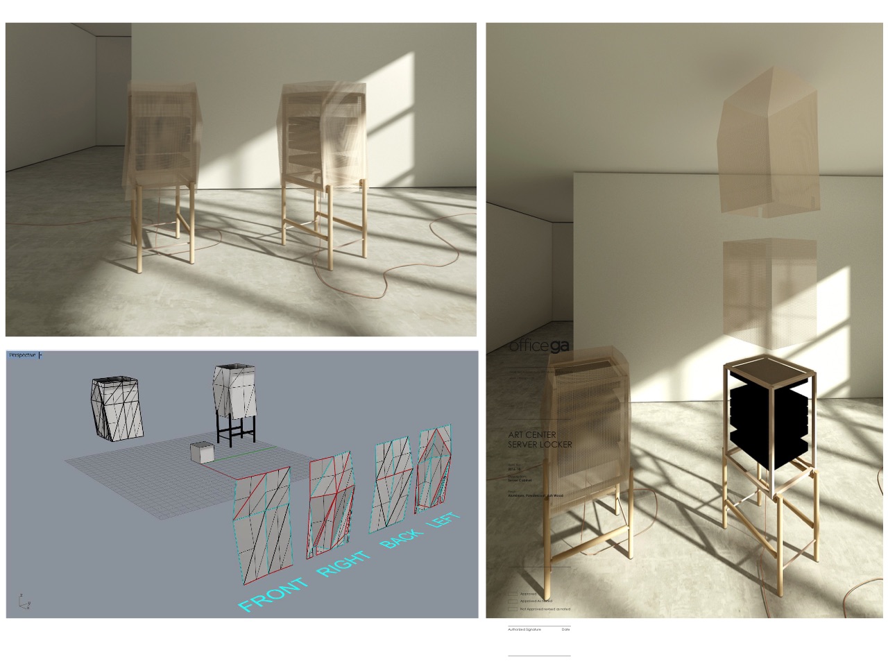 Institute for Southern Contemporary Art (ISCA) Server, Collector’s Edition, aluminum plate, mesh, operating server, wood, 2016, 60 x 27 x 17 inches