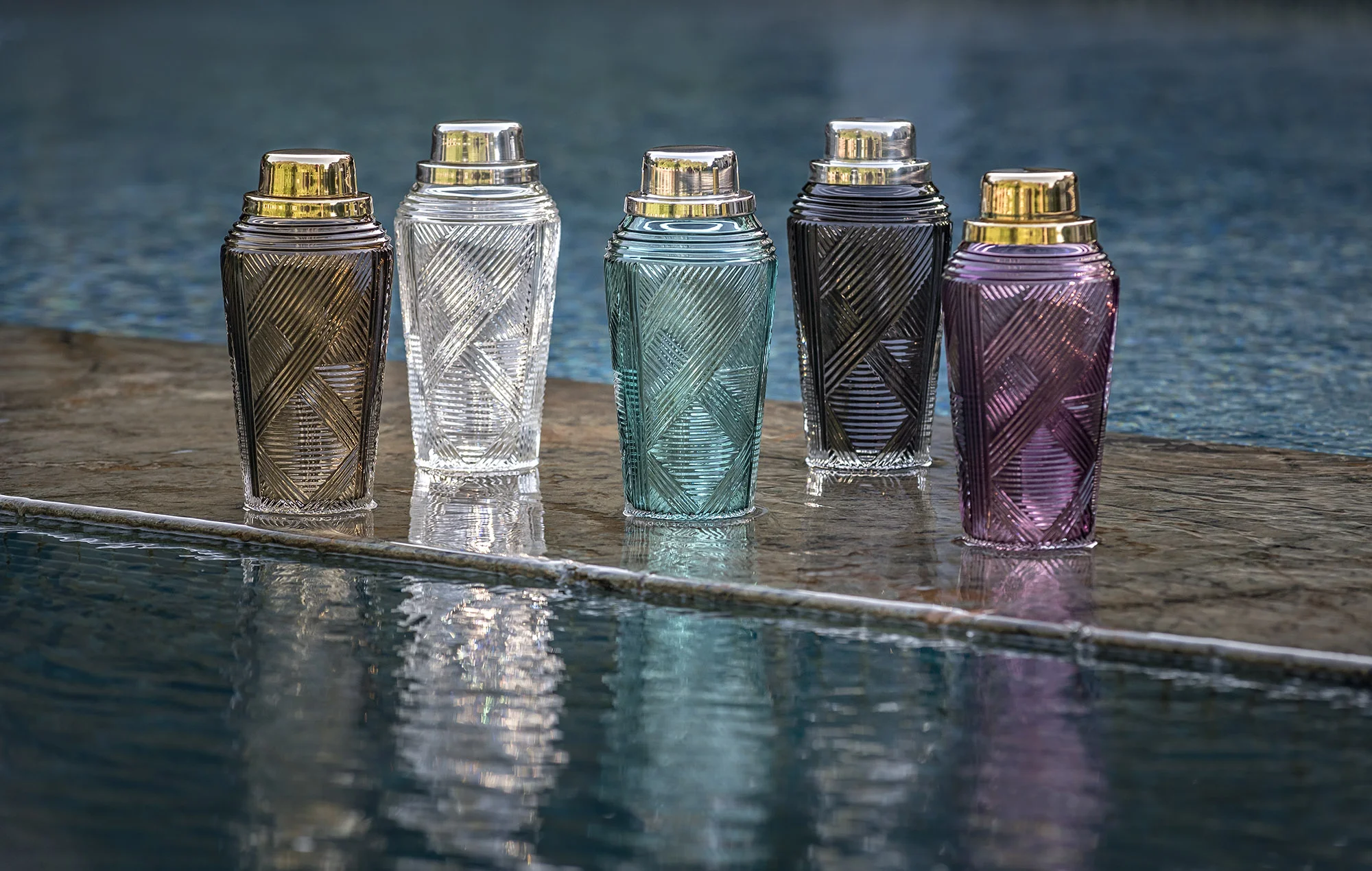 Columns cut shakers in smokey, clear, tourmaline, grey and amethyst