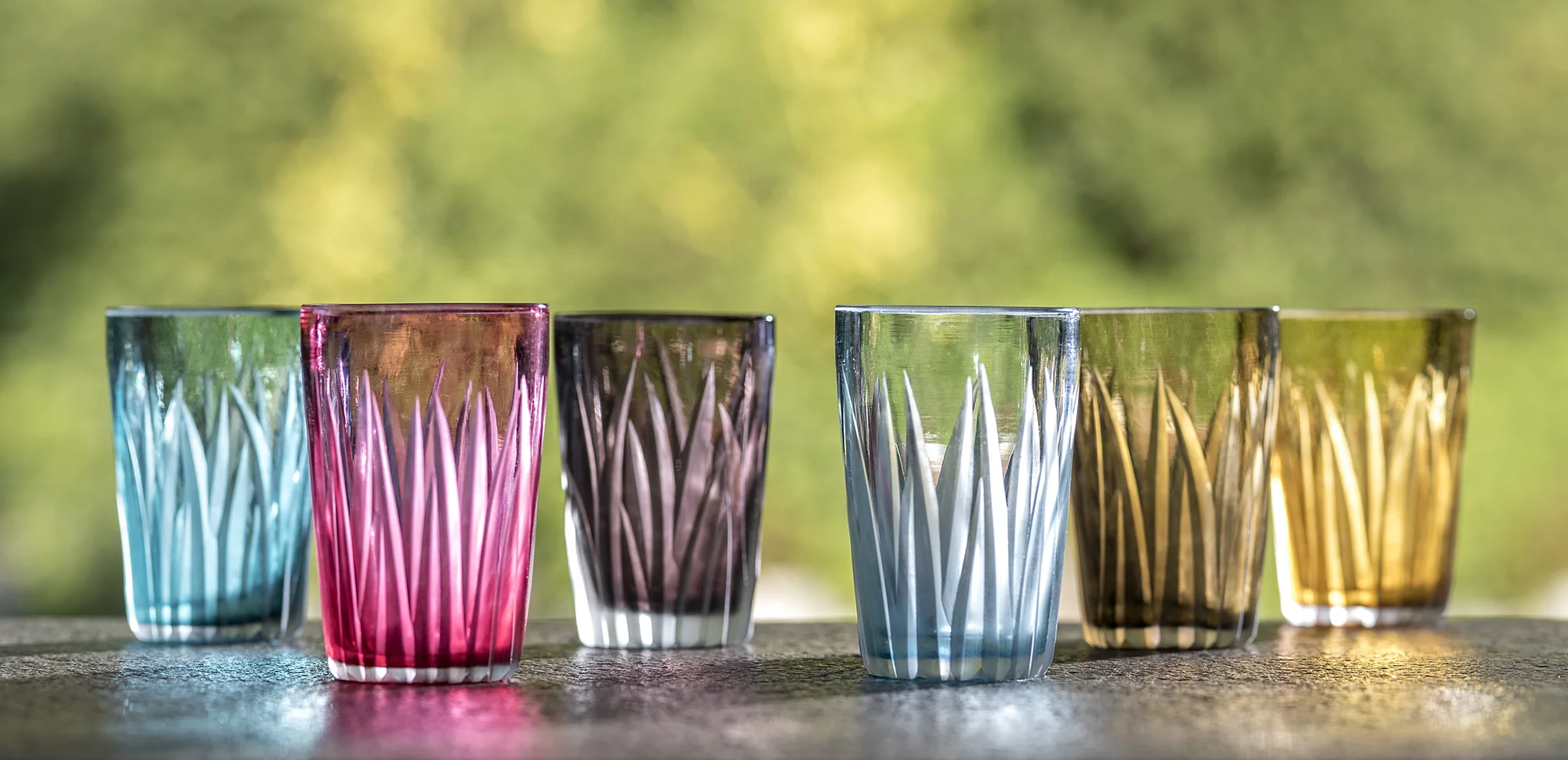 Shot glasses in tourmaline, rose, amethyst, sky blue, smokey and amber