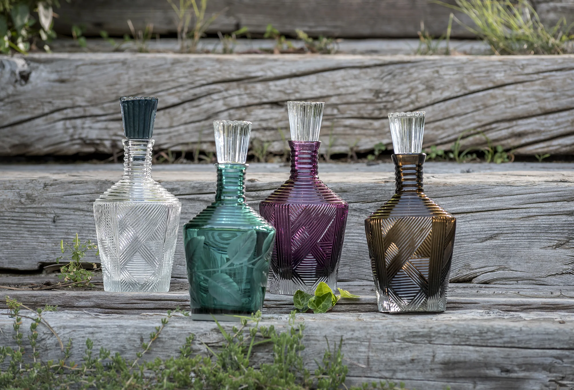 Carafes in clear, tourmaline amethyst and smokey
