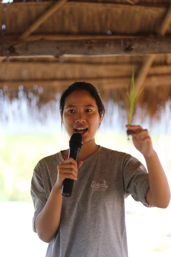 A young woman speaking into a microphone while holding a small green plant, under a thatched roof structure, outdoors.