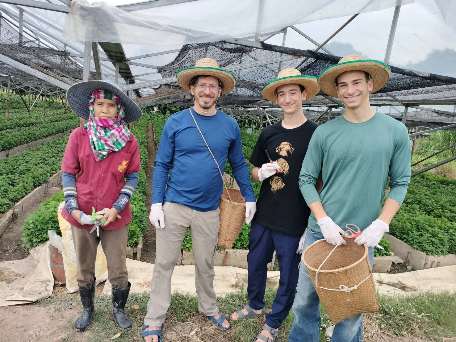 A group of five people, three men, one woman, and one girl, standing in a greenhouse with rows of leafy green plants, wearing wide-brimmed hats, gloves, and work clothes, some holding baskets and scissors, smiling at the camera during a farming activity.