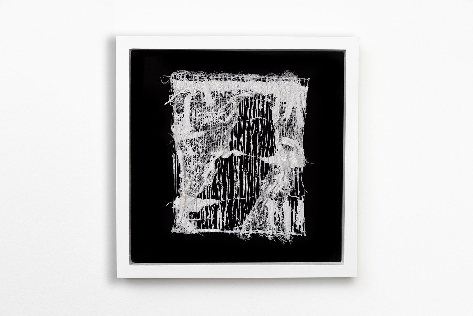  Veil, 2023 | 14 x 14 in. | thread, plaster, calcium carbonate and cheesecloth on velvet  