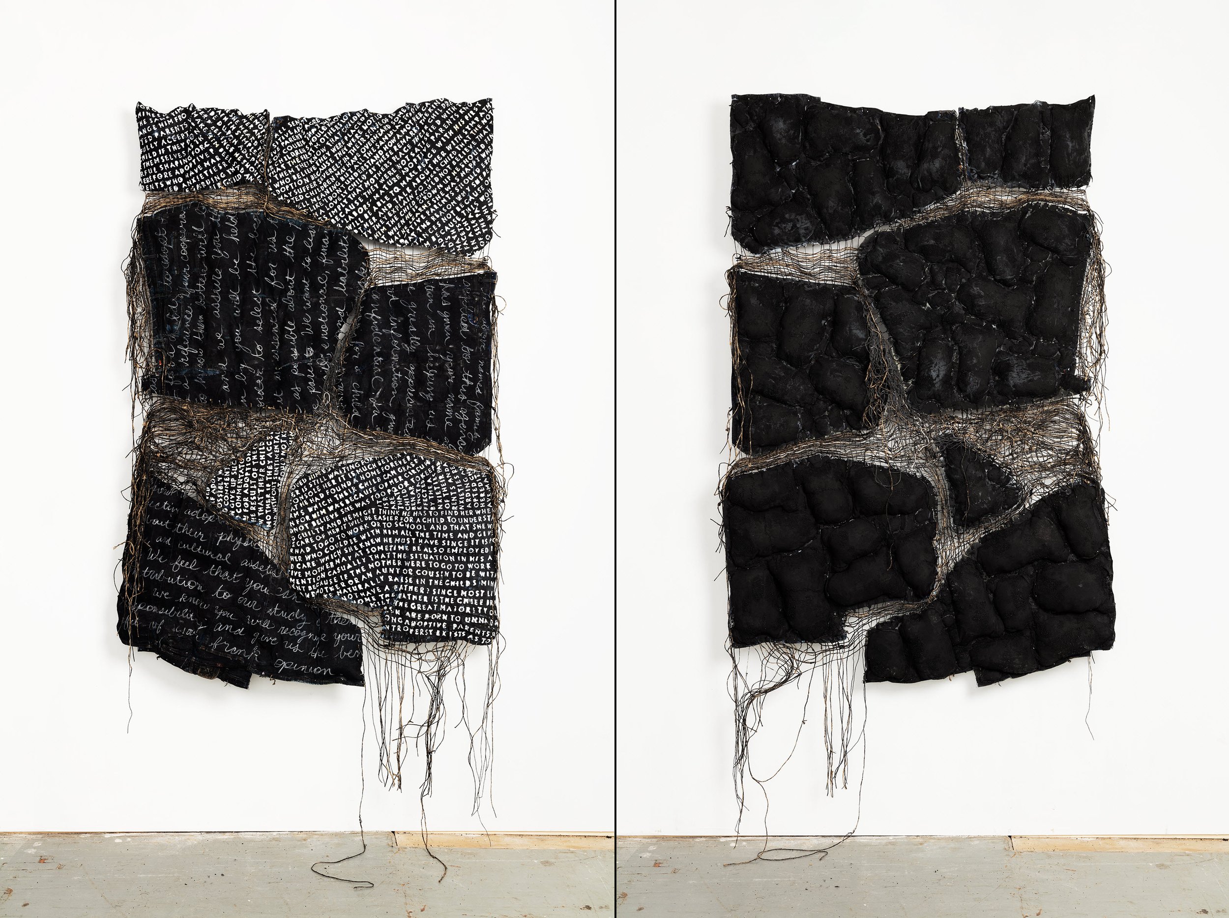   The Script , 2023 | 72 x 50 x 6 in. | paint, chalk, sand, baby garments, twine and fiber fill on salvaged denim | doublesided 