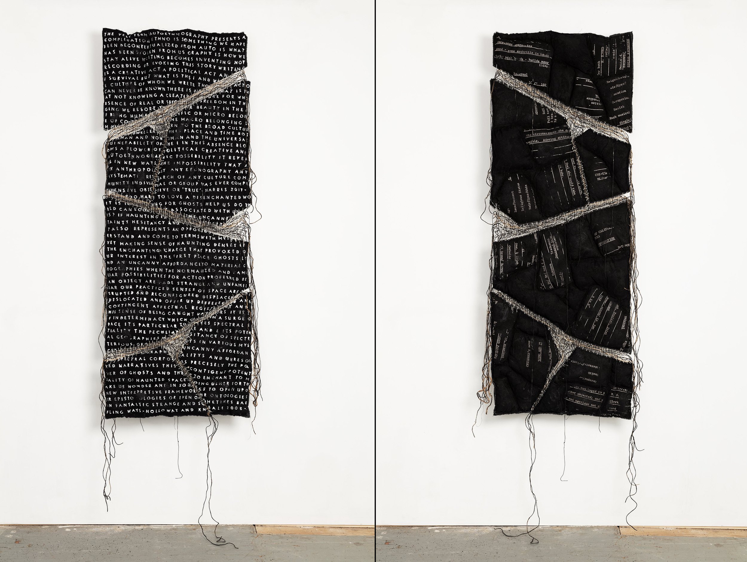   In This Absence Blooms a Flower , 2023 | 80 x 33 x 4 in. | paint, twine, sand and fiber fill on fabric | doublesided 