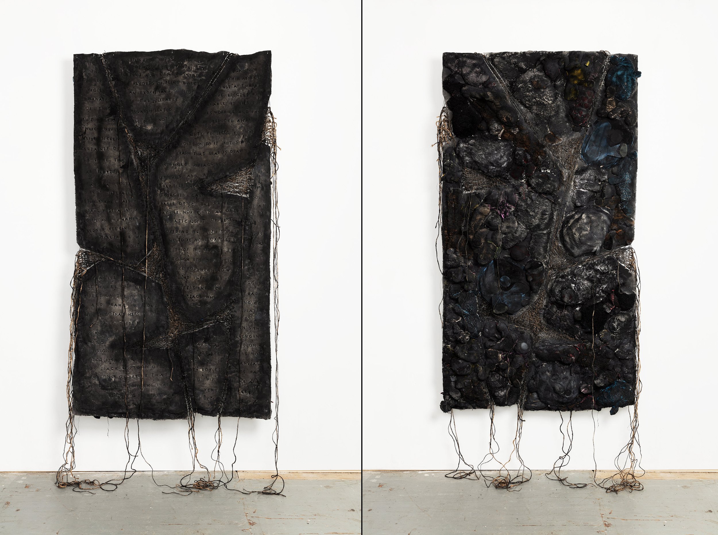   Approaching Abjection , 2022-23 | 45 x 80 x 6 in. | paint, twine, dirt, sand, fiber fill and salvaged stuffed animals on fabric | doublesided 