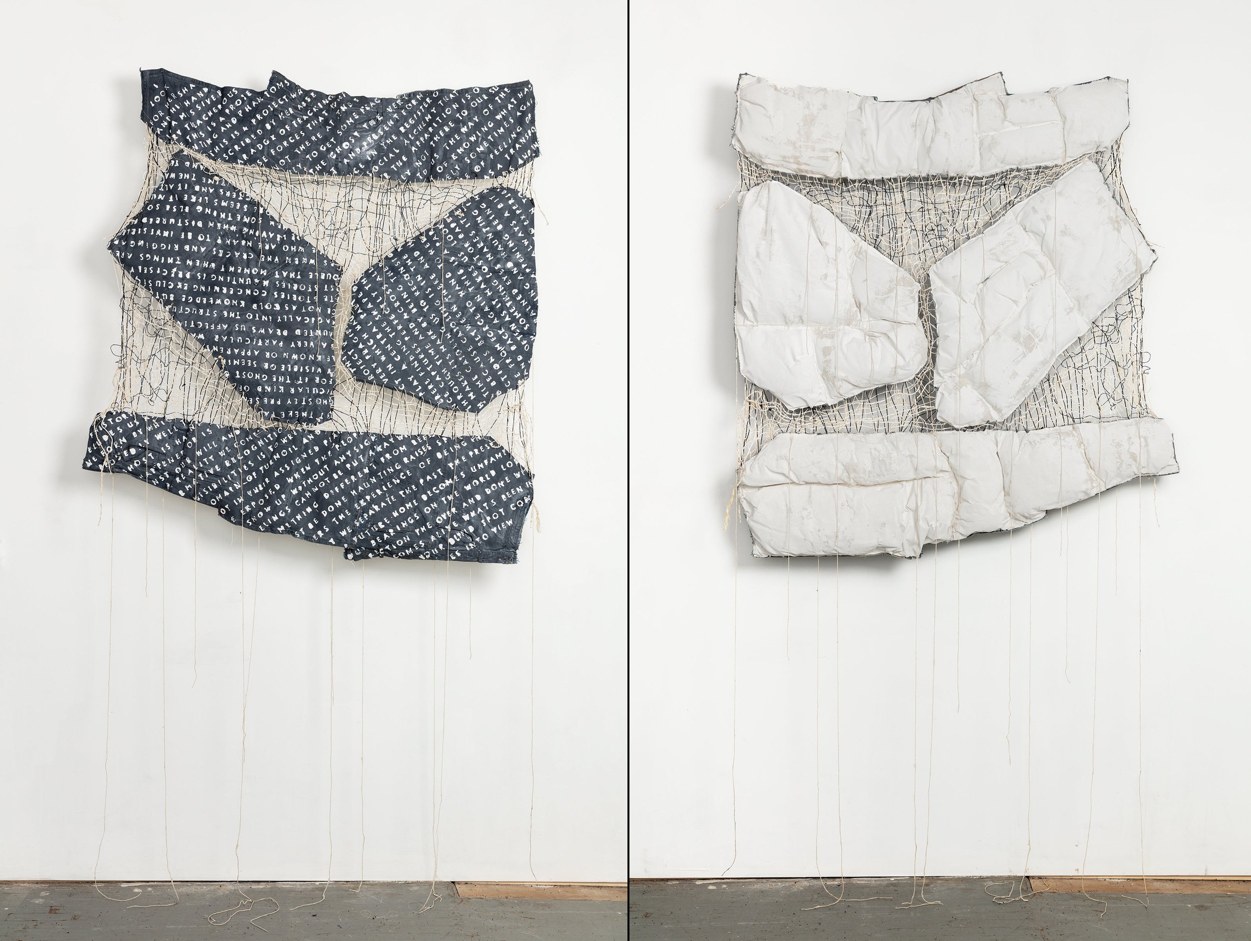   Her Shape, His Hand , 2023 | 53 x 50 x 4 in. | paint, fabric, twine and fiber fill on salvaged denim | doublesided 