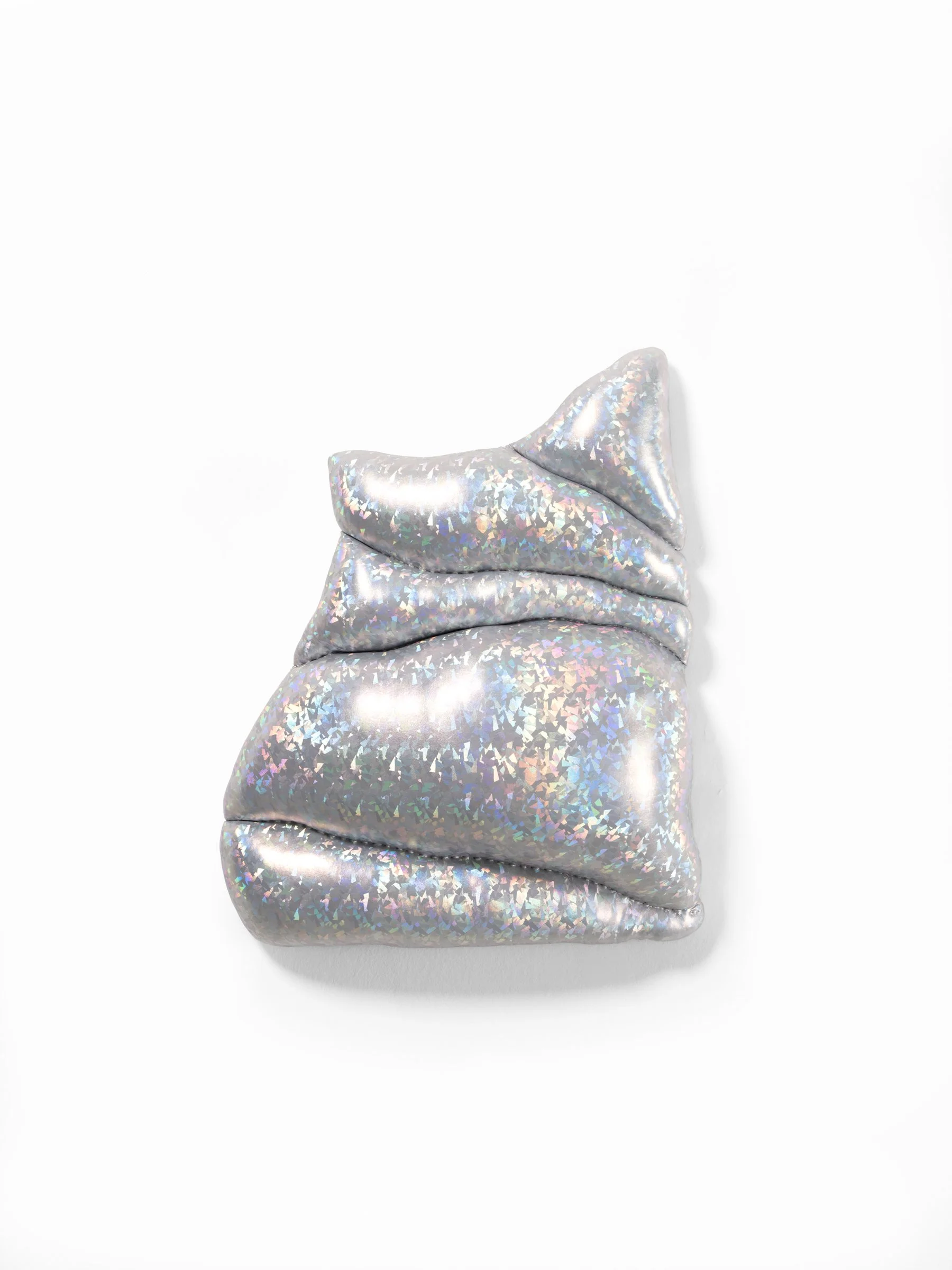 my secret body 2025 Holographic fabric and stuffing on custom shaped wood panel. 20 × 16 × 5 in.