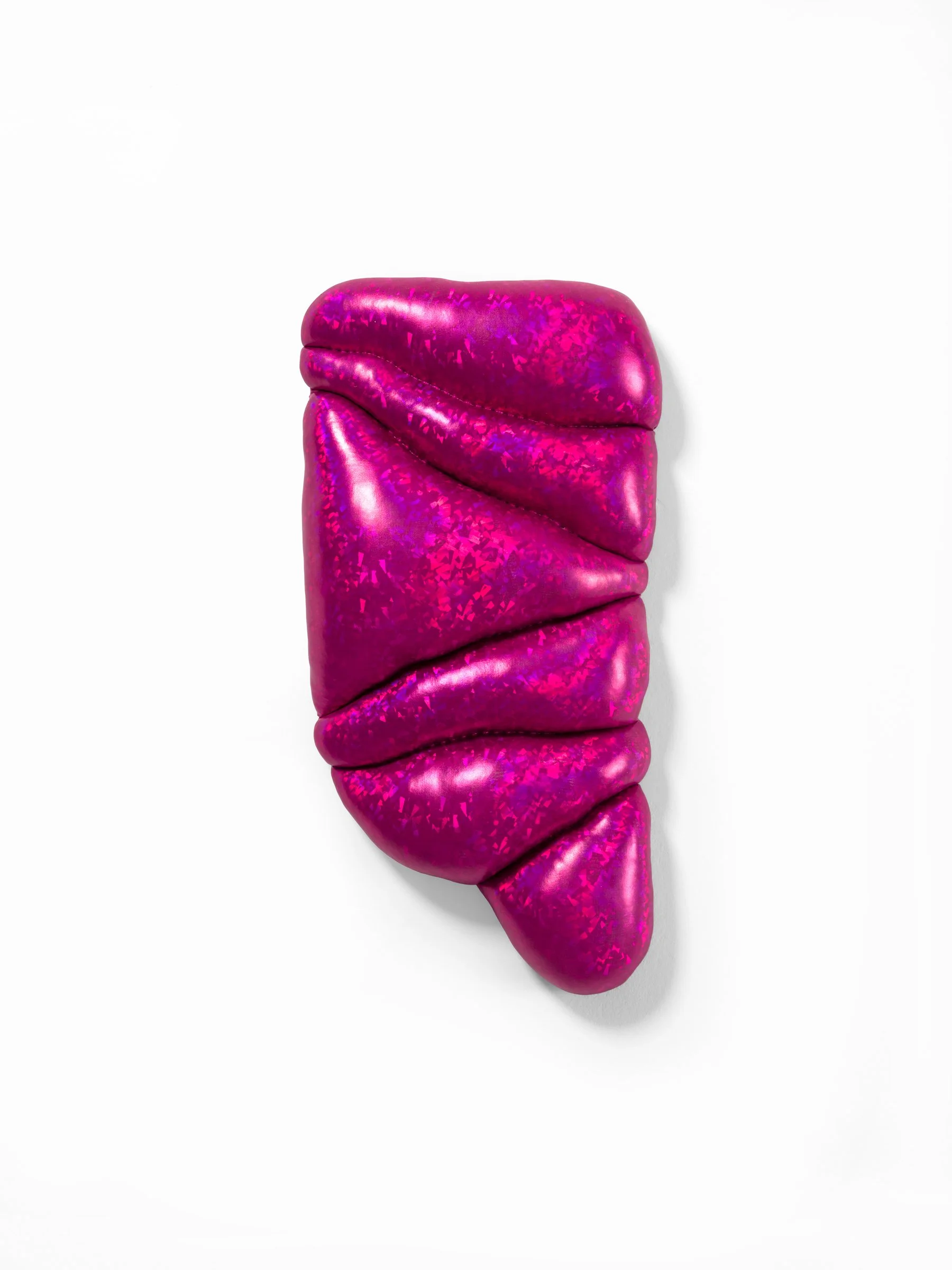 the juice of their fruits 2025 Holographic fabric and stuffing on custom shaped wood panel. 22 × 11 × 4 in.