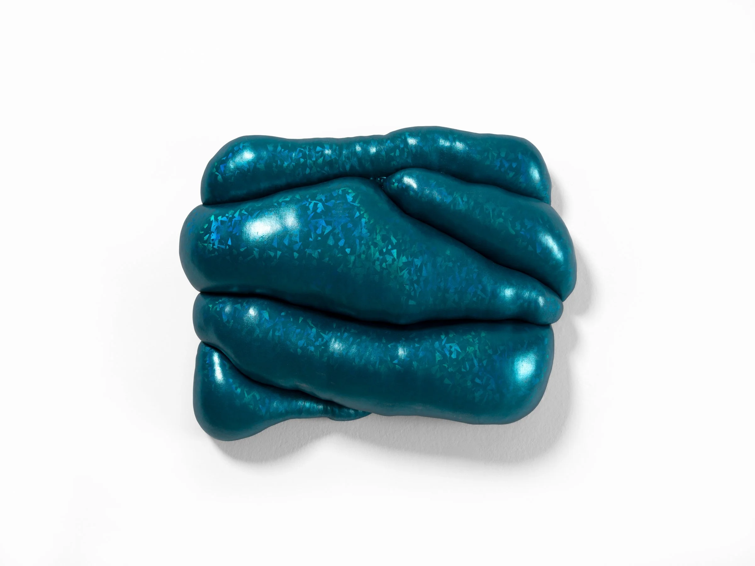 the taste of being  2025 Holographic fabric and stuffing on custom shaped wood panel. 14 x 19 x 5 in.