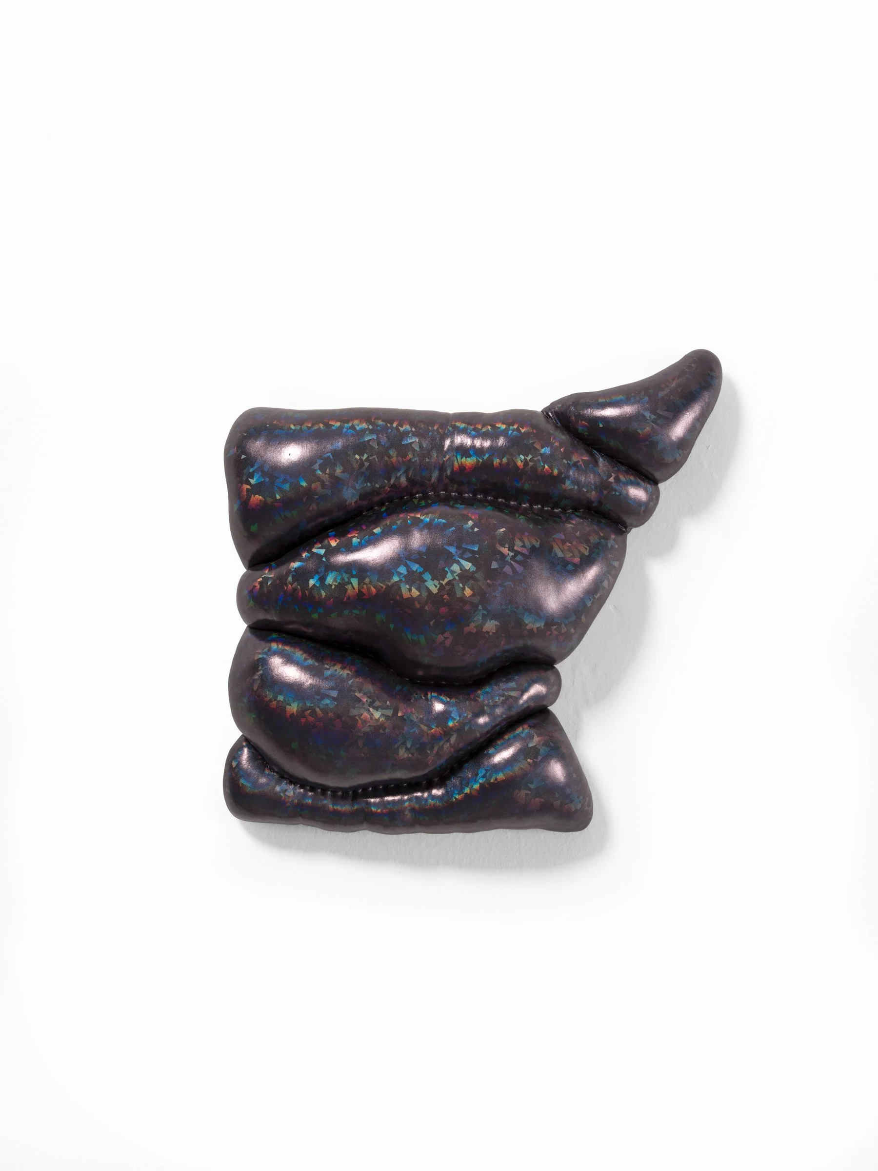 the word and its shadow  2025 Holographic fabric and stuffing on custom shaped wood panel. 14 x 15 x 4 in.