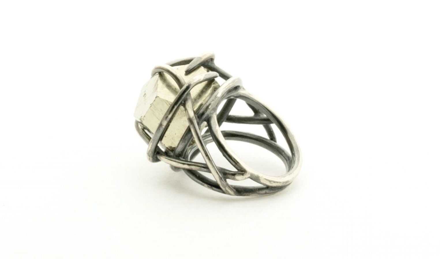 Distressed Mangrove Caged ring in oxidised silver with Iberian Pyrite