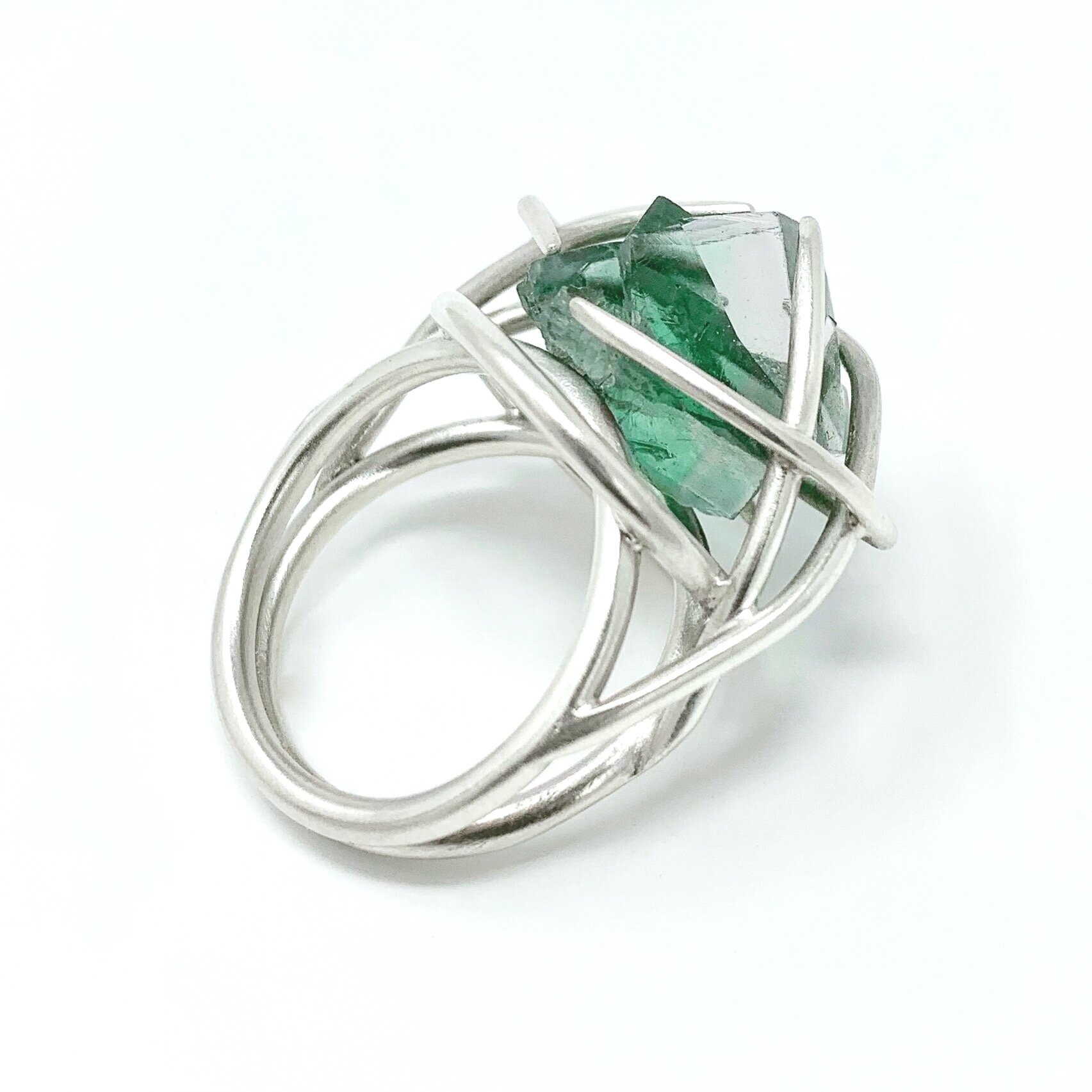 Mangrove Caged silver ring with Green Fluorite