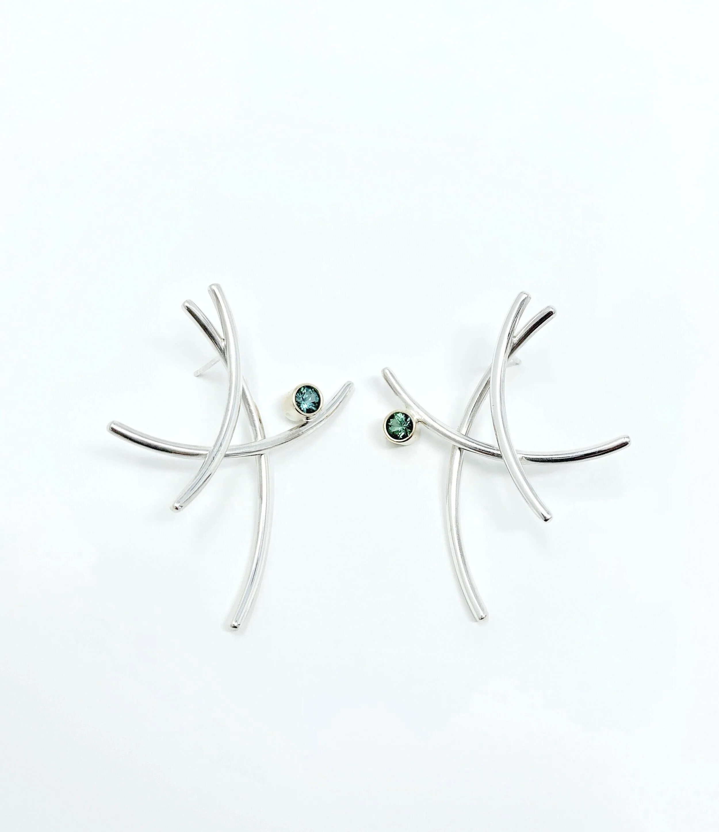 Mangrove Bloom Earrings in silver with 9ct gold settings with aqua green tourmalines