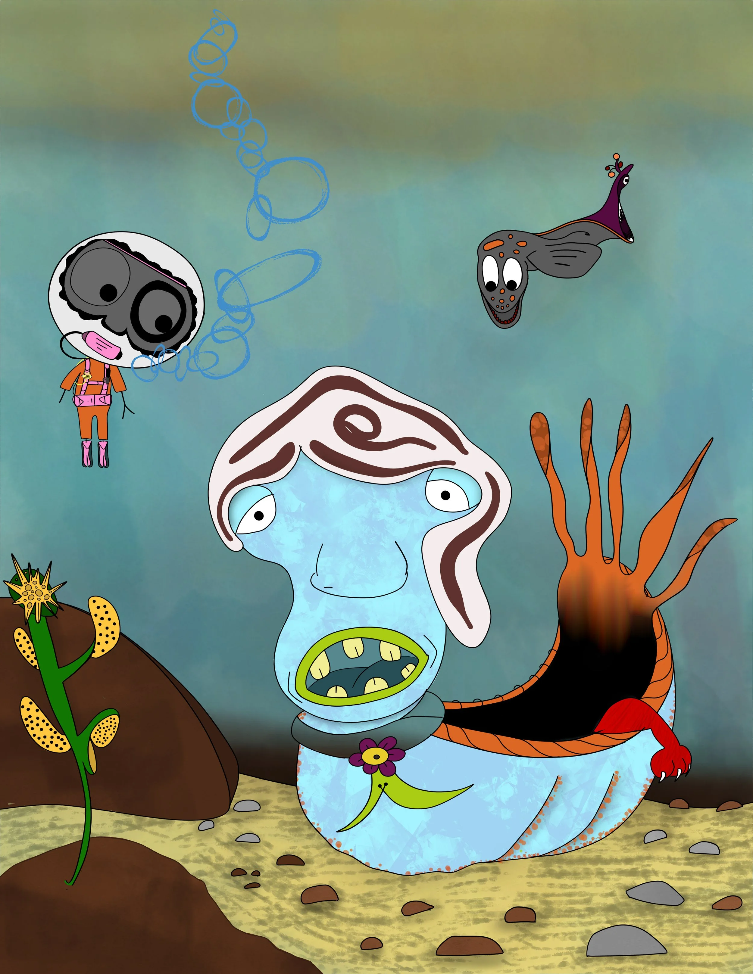 Cartoon illustration of a fantastical creature with a dragon's body, a human face, large eyes, and an open mouth with yellow teeth, sitting on the ground. The creature has a purple head with exaggerated facial features, antennae, and sparks coming from the top. It has orange and black striped limbs, a long tail, and is surrounded by abstract shapes, plants, rocks, and a colorful background.