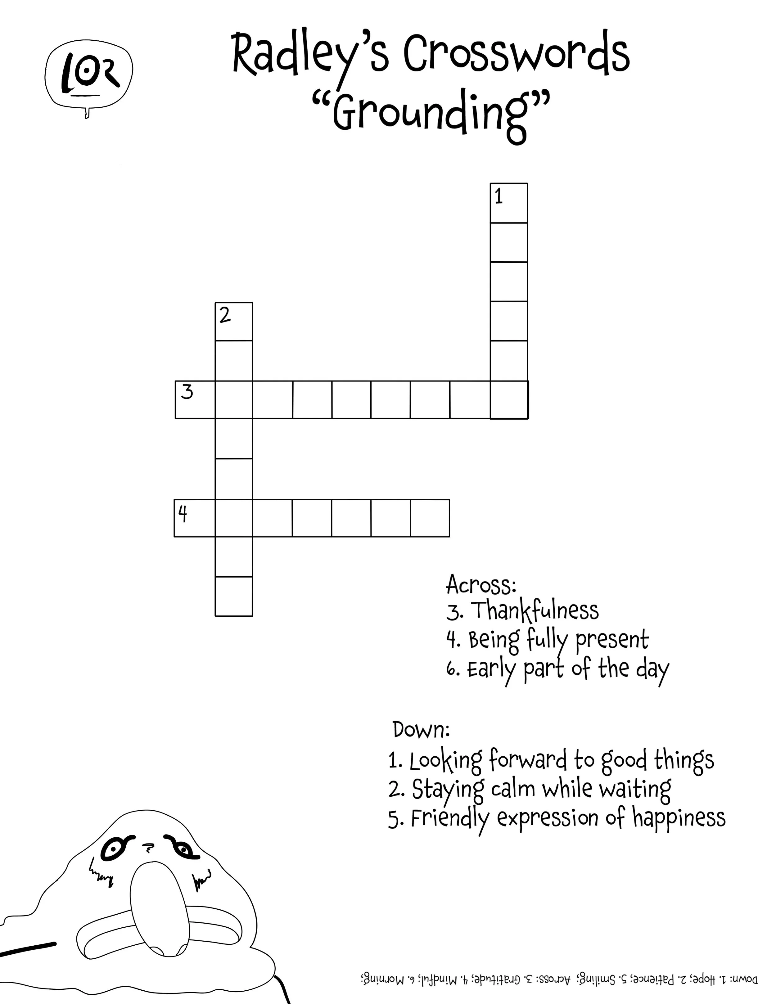 A workbook page titled 'Radley's Crosswords Grounding'. It contains a crossword puzzle with clues for 'Across' and 'Down', and a list of provided words. There is a drawing of a bear at the bottom of the page.
