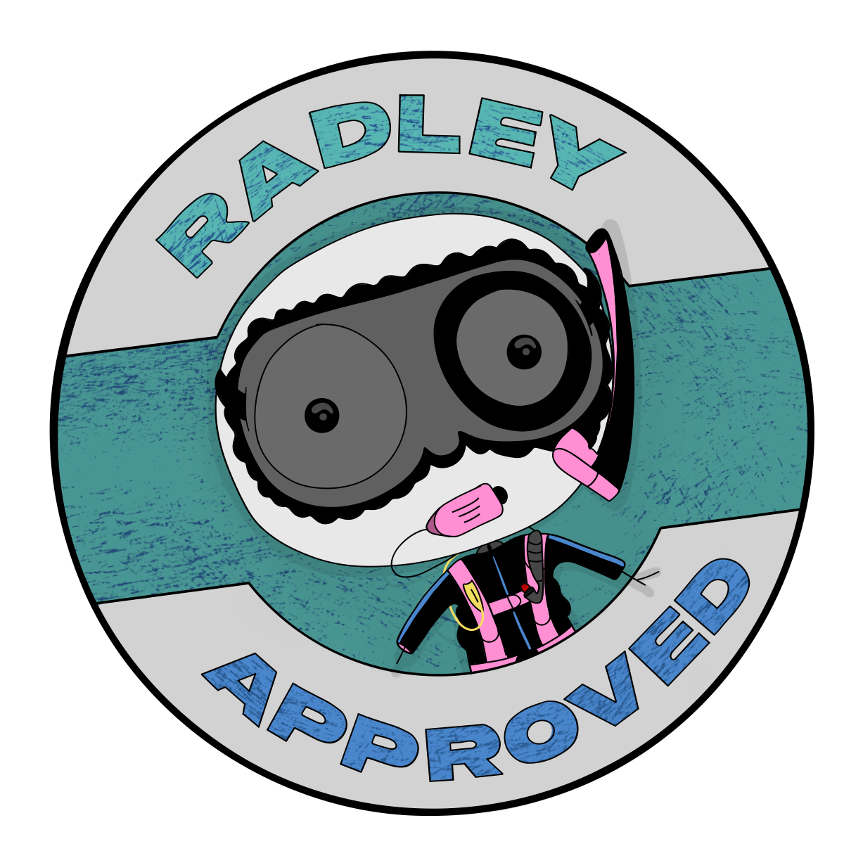 Illustration of a diver wearing a wetsuit, diving mask, and pink snorkel, with the words 'Bradley Approved' in blue and grey around the circle.