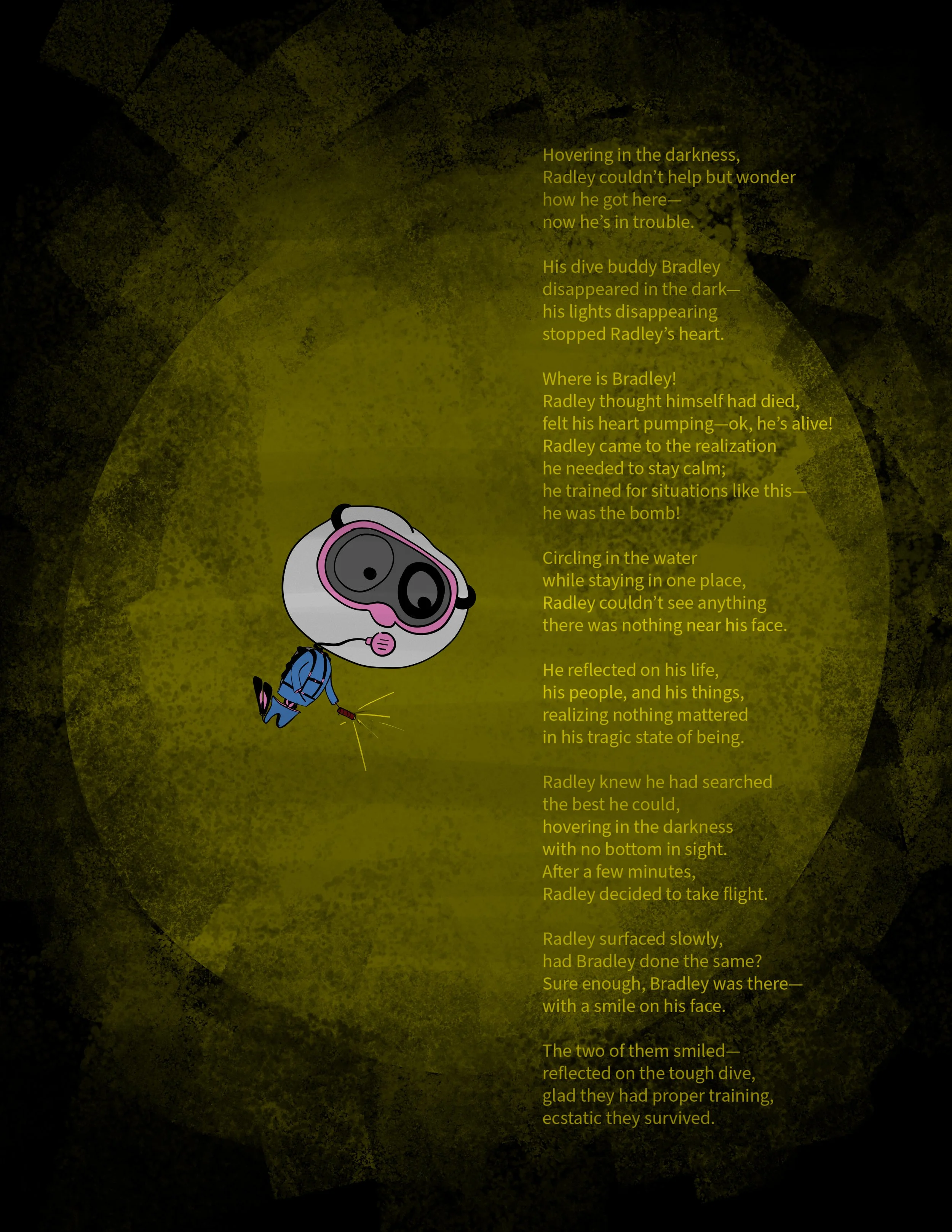 Radley diving with a poem next to him