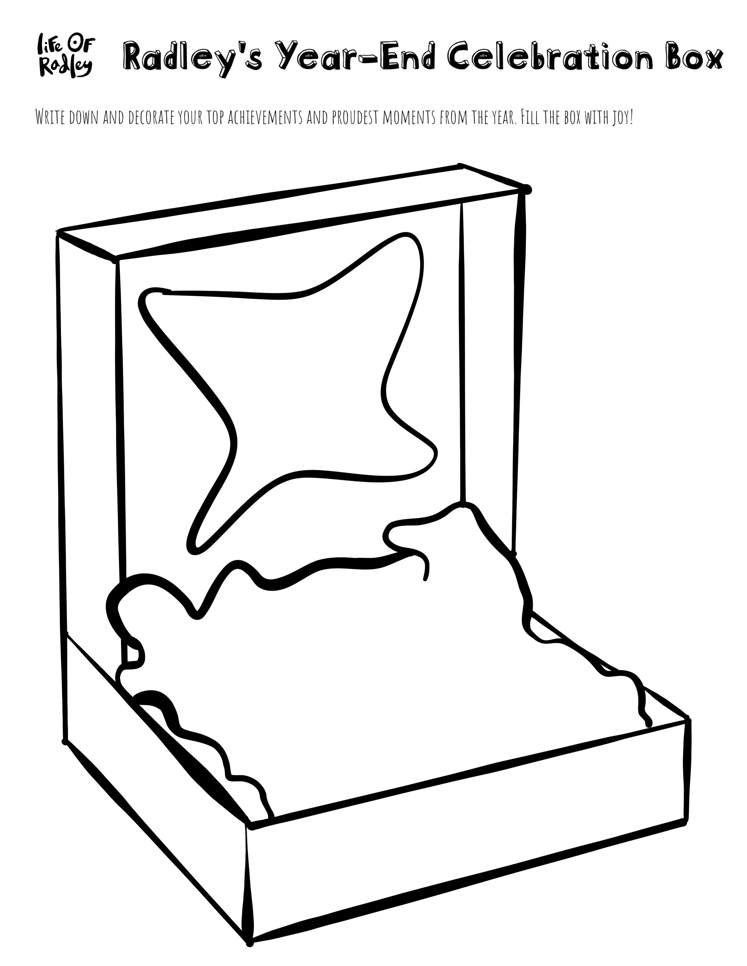 Black and white line drawing of a cardboard box with a loose lid, containing a piece of cloth and a string or cord.