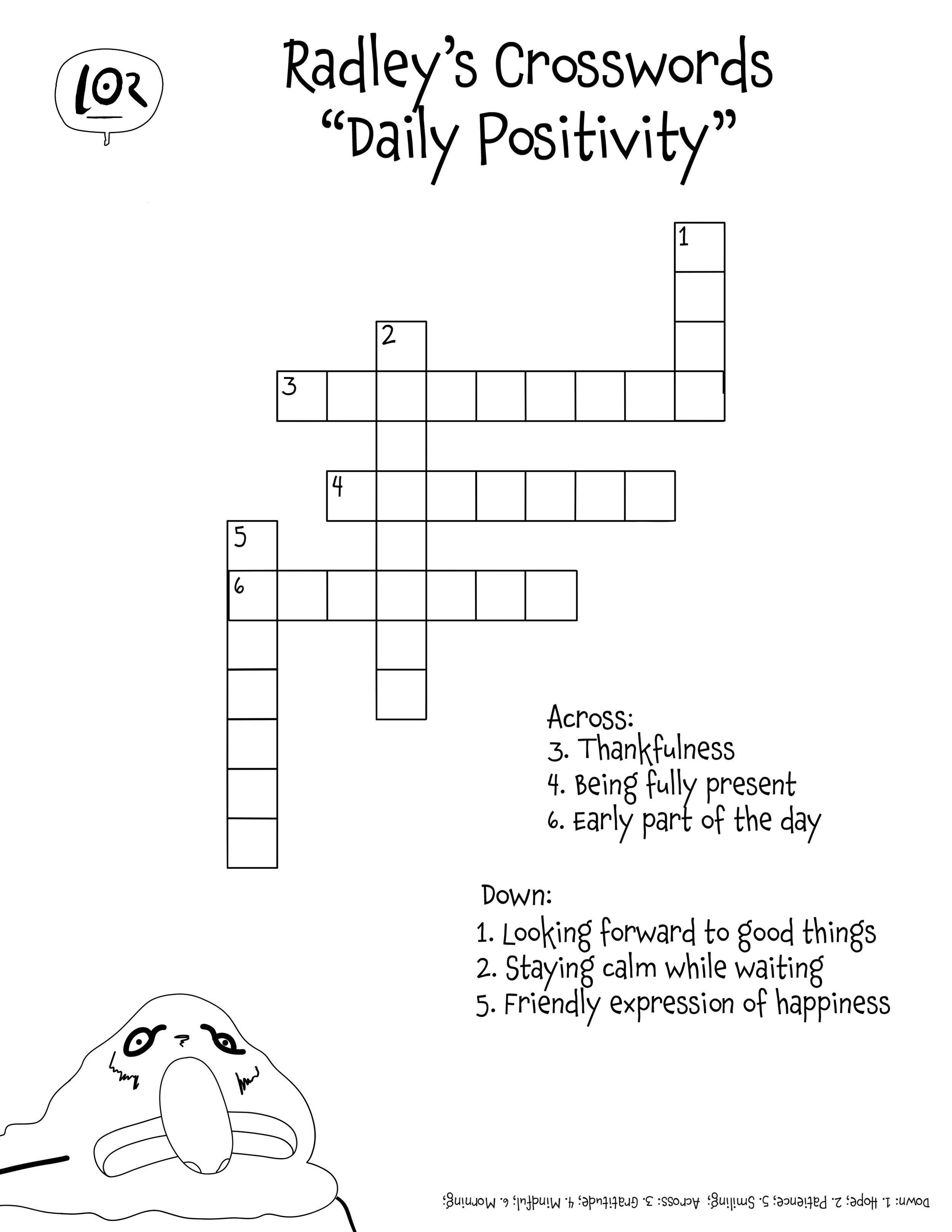 A crossword puzzle titled "Radley's Crosswords 'Daily Positivity'" with a list of clues for "Across" and "Down" questions focused on positive emotions and traits. There is a drawing of a doge meme with a goofy expression at the bottom left and a speech bubble with '102' at the top left.