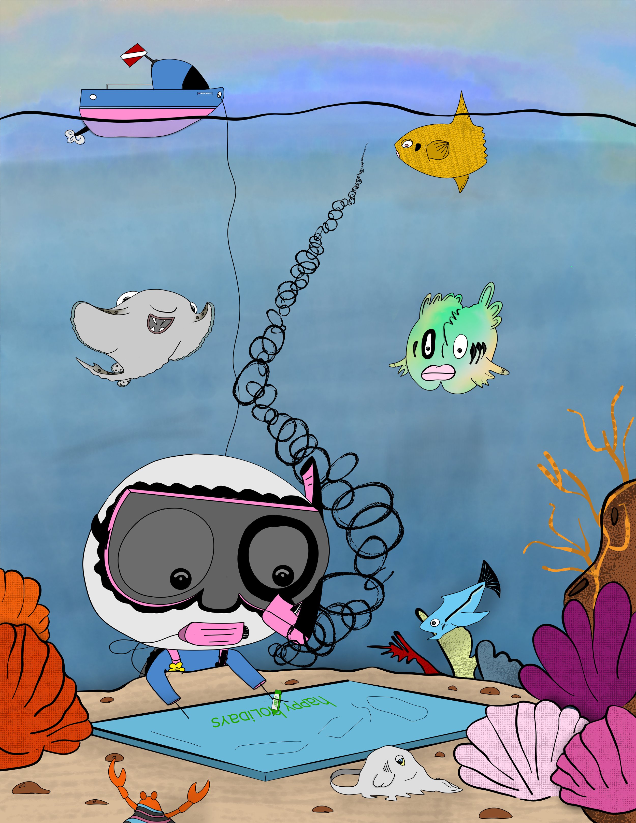 An underwater scene with a child drawing on a tablet surrounded by sea creatures like a gray stingray, a yellow fish, a blue fish, an orange crab, and a white sea turtle. There are large seashells and coral on the seabed, with a boat floating above the water.