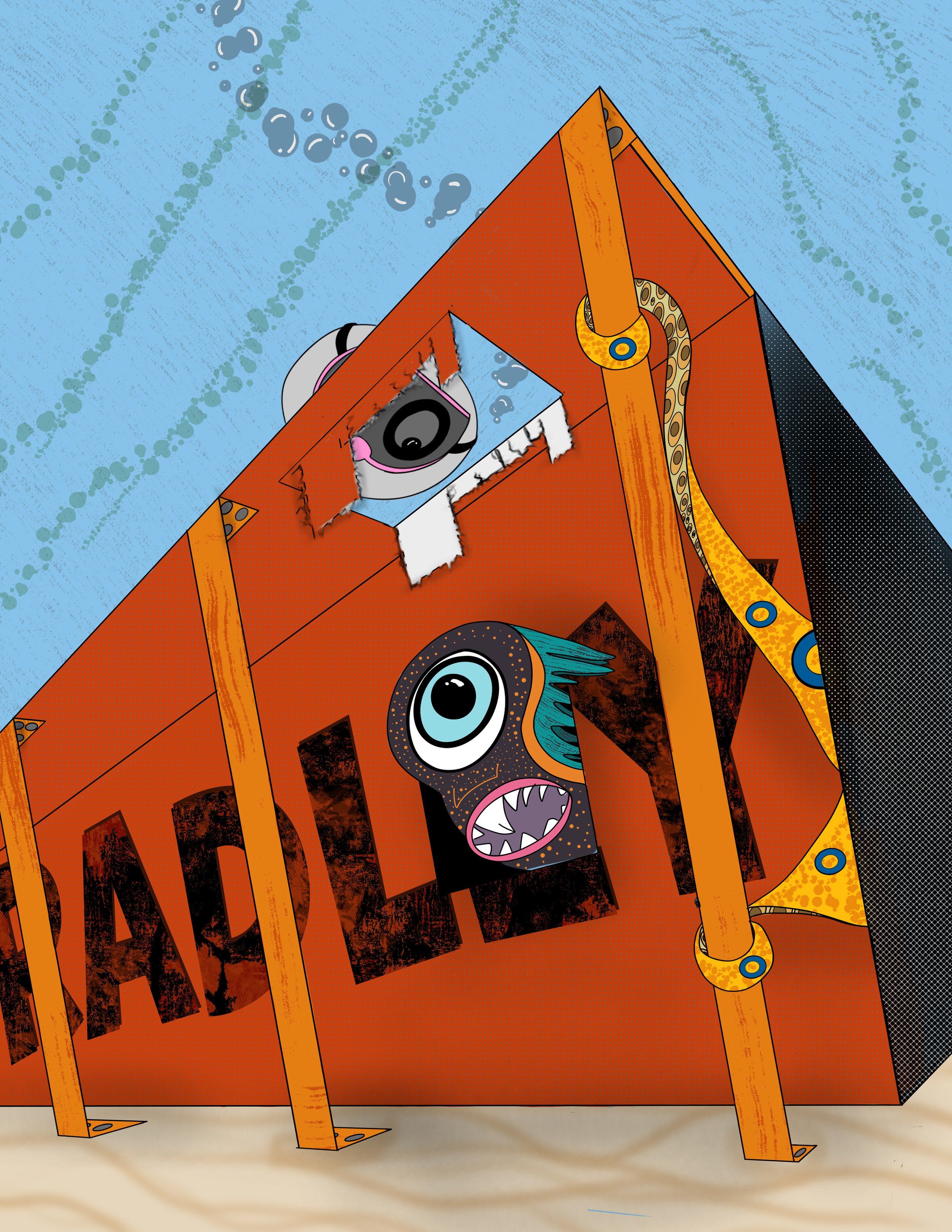 Illustration of a large, partially submerged rusty metal box in water, with cartoonish sea creatures peeking through holes and openings.