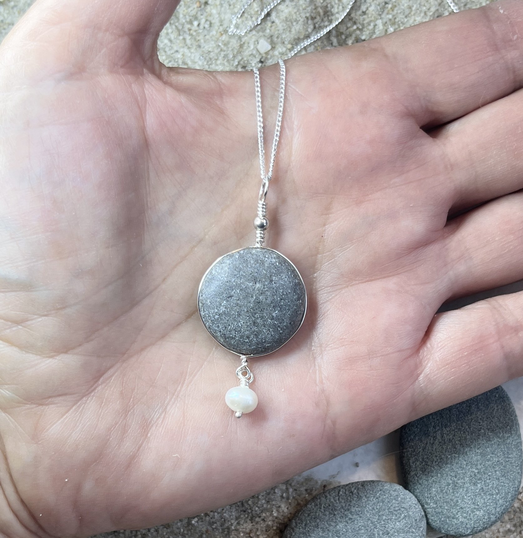 NEW- Beach Stone Necklace with a Freshwater Pearl.jpg