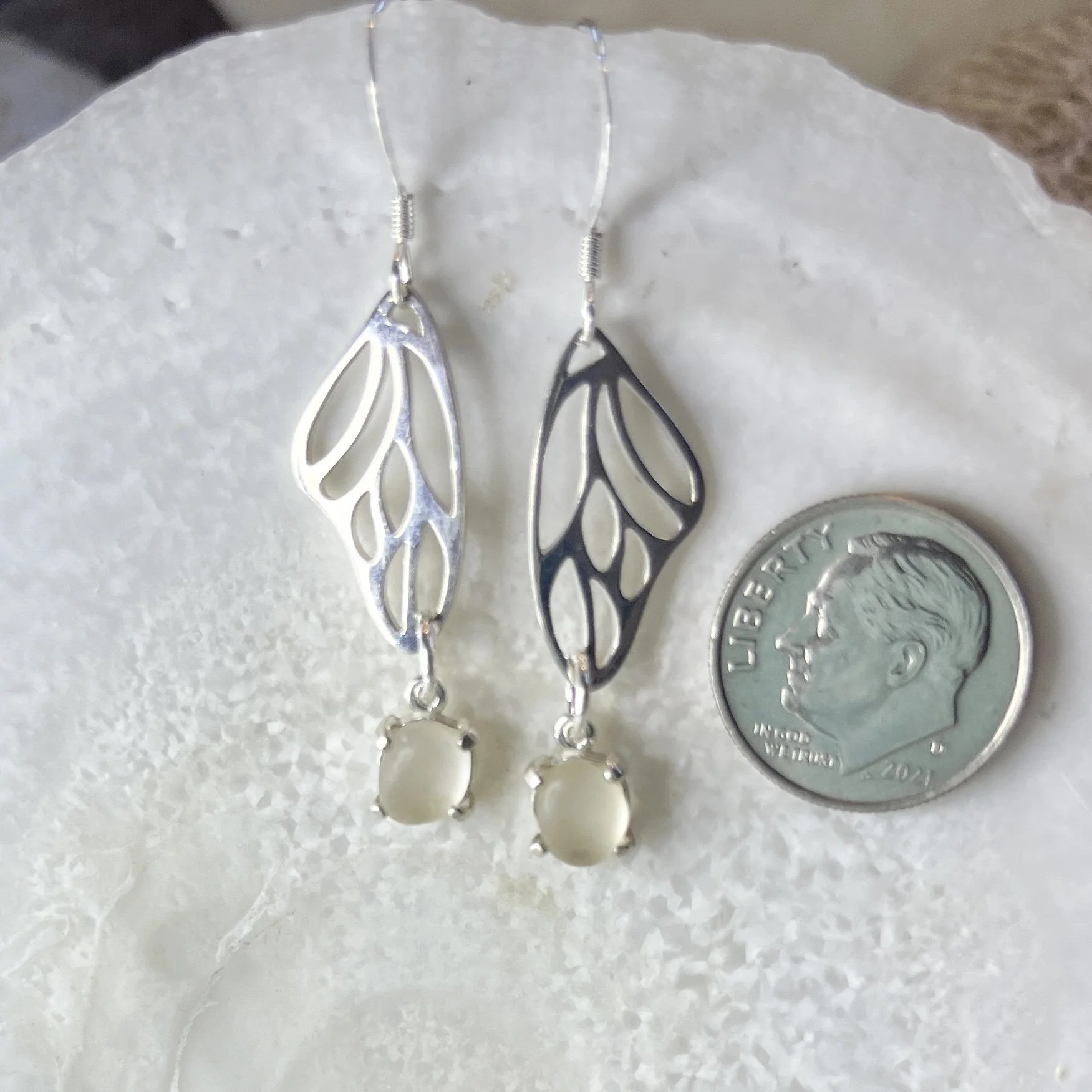 Sterling Silver Butterfly Wing Earrings with Cape May Diamond Drops