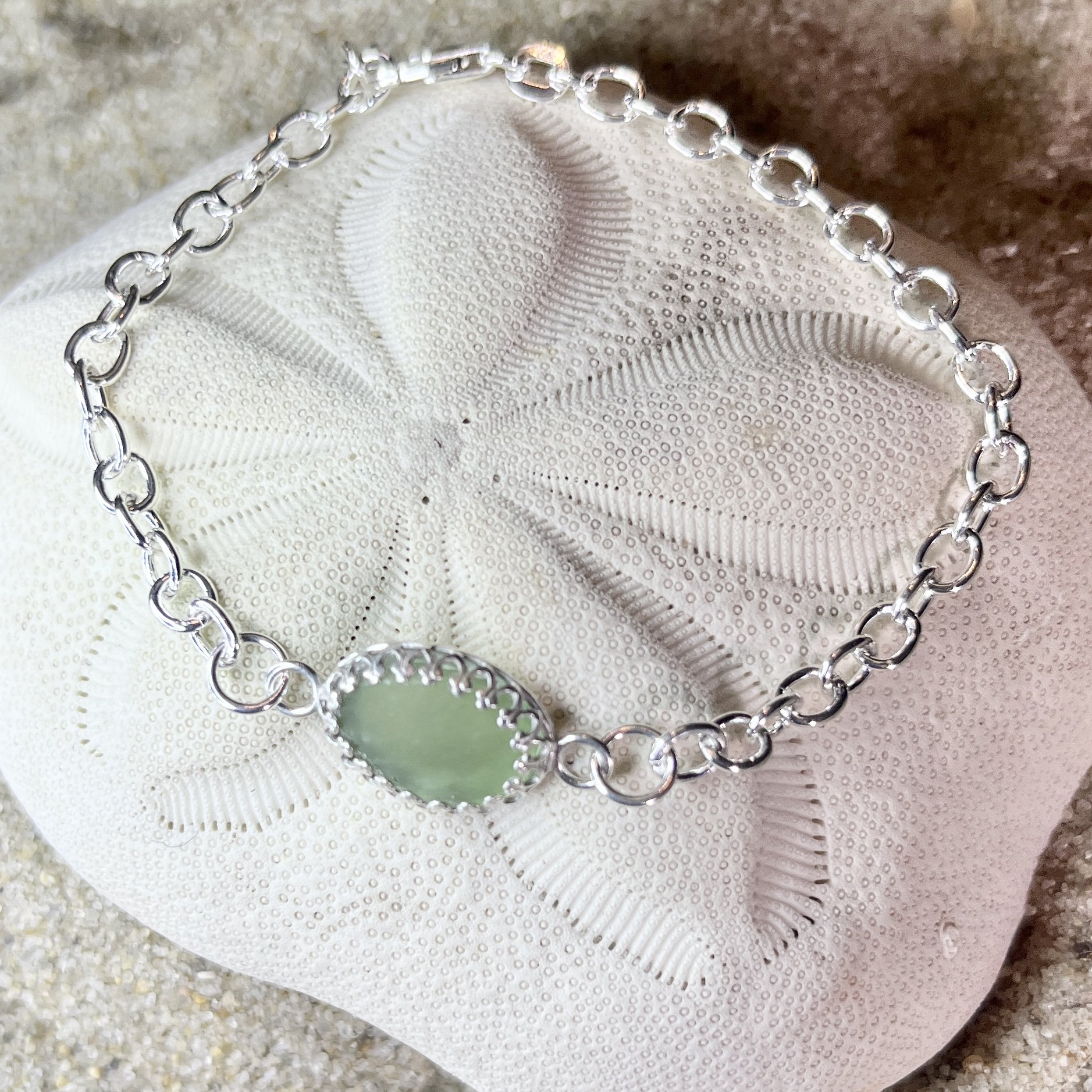 Light Moss Green Sea Glass Bracelet by Janet Payne Jewelry, Cape May, NJ