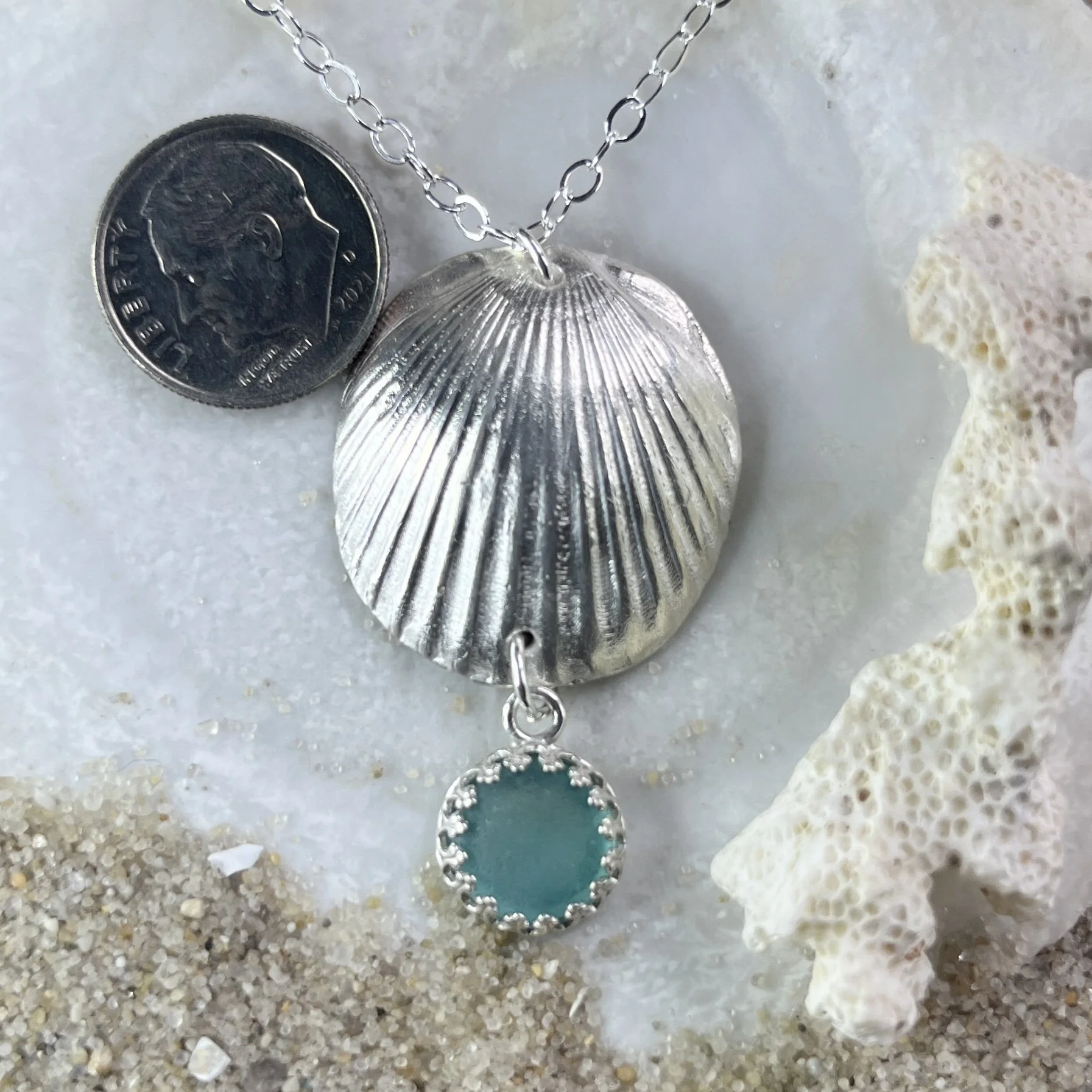 Fine Silver Shell Pendant with a Teal Sea Glass Drop .jpg
