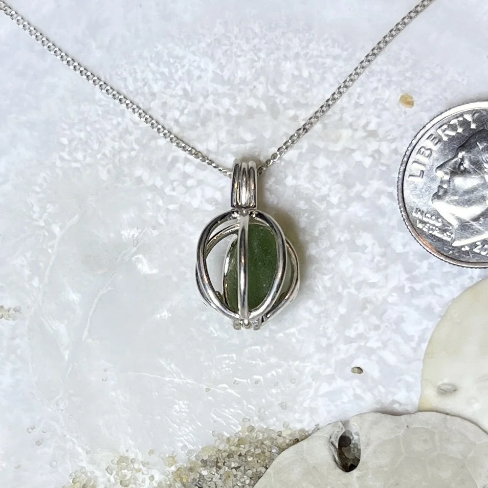 Green Sea Foam Sea Glass Captured in a Sterling Silver Cage Necklace
