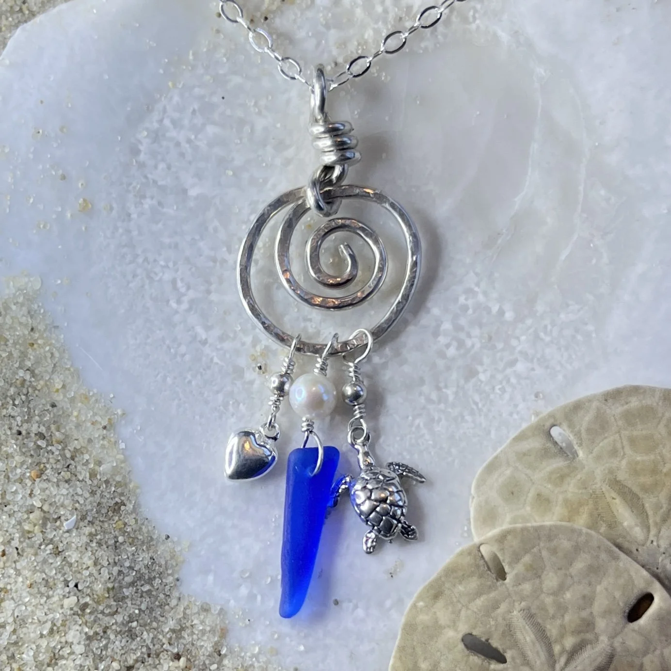 Cobalt Blue Sea Glass Spiral Charm Necklace by Janet Payne Jewelry, Cape May, NJ.jpg