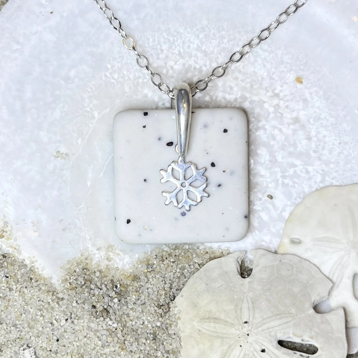 Sea Tile Sea Glass Necklace with a Sterling Silver Snowflake by Janet Payne Jewelry, Cape May, NJ