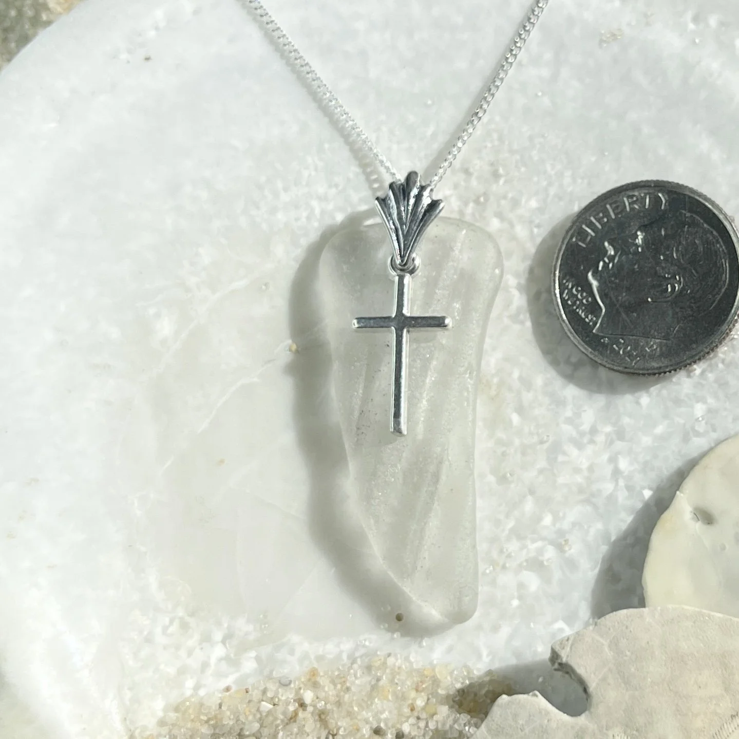White Sea Glass Necklace with a Sterling Silver Cross