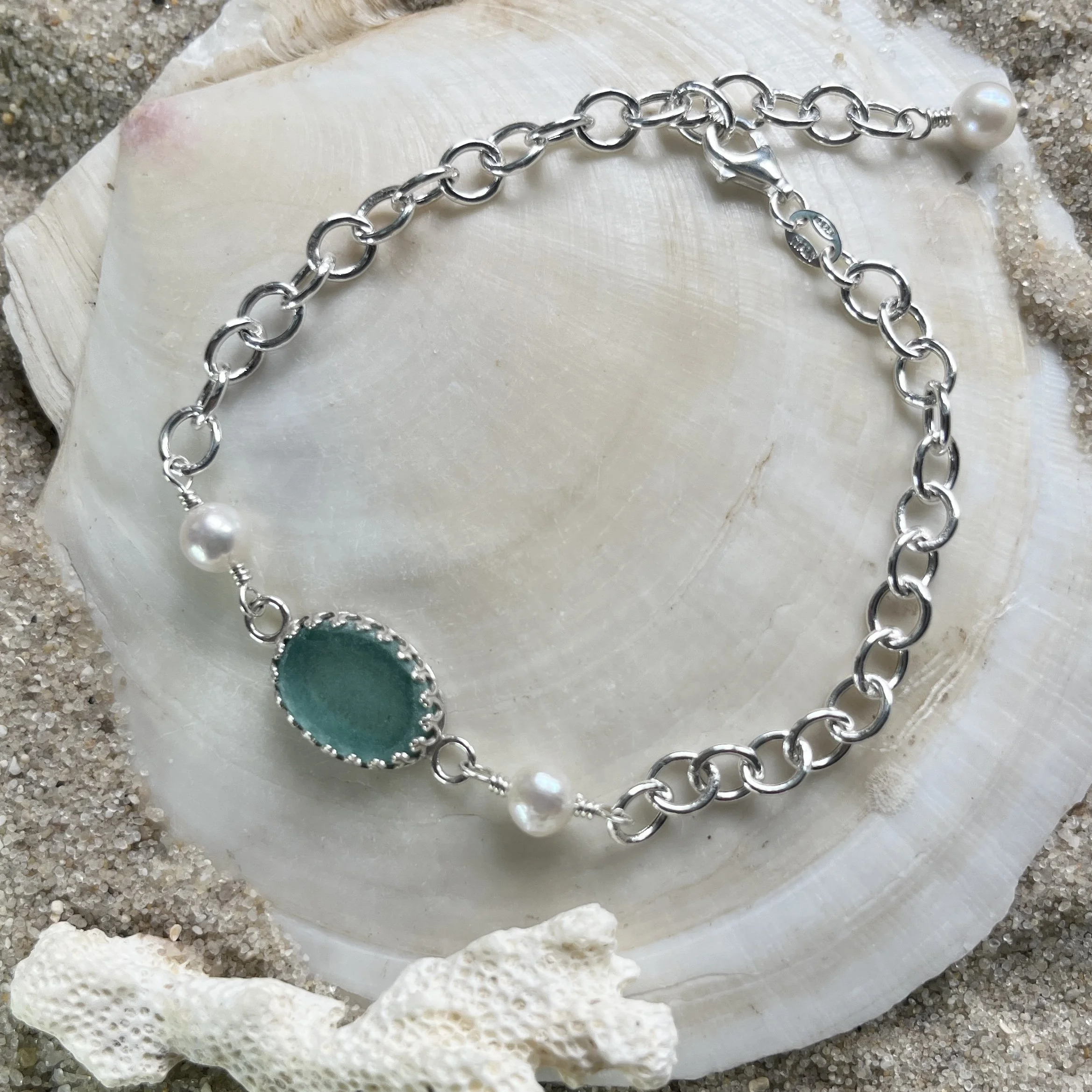 Teal Sea Glass Bracelet with Freshwater Pearls by Janet Payne Jewelry, Cape May, NJ.jpg