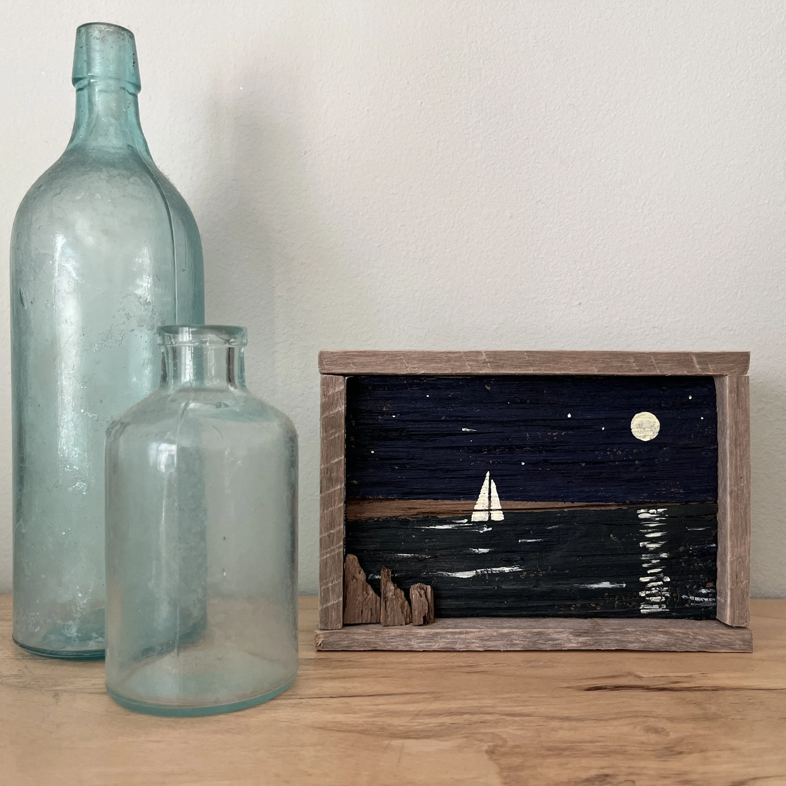 full moon sail, driftwood painting by Janet Payne, Cape May, NJ